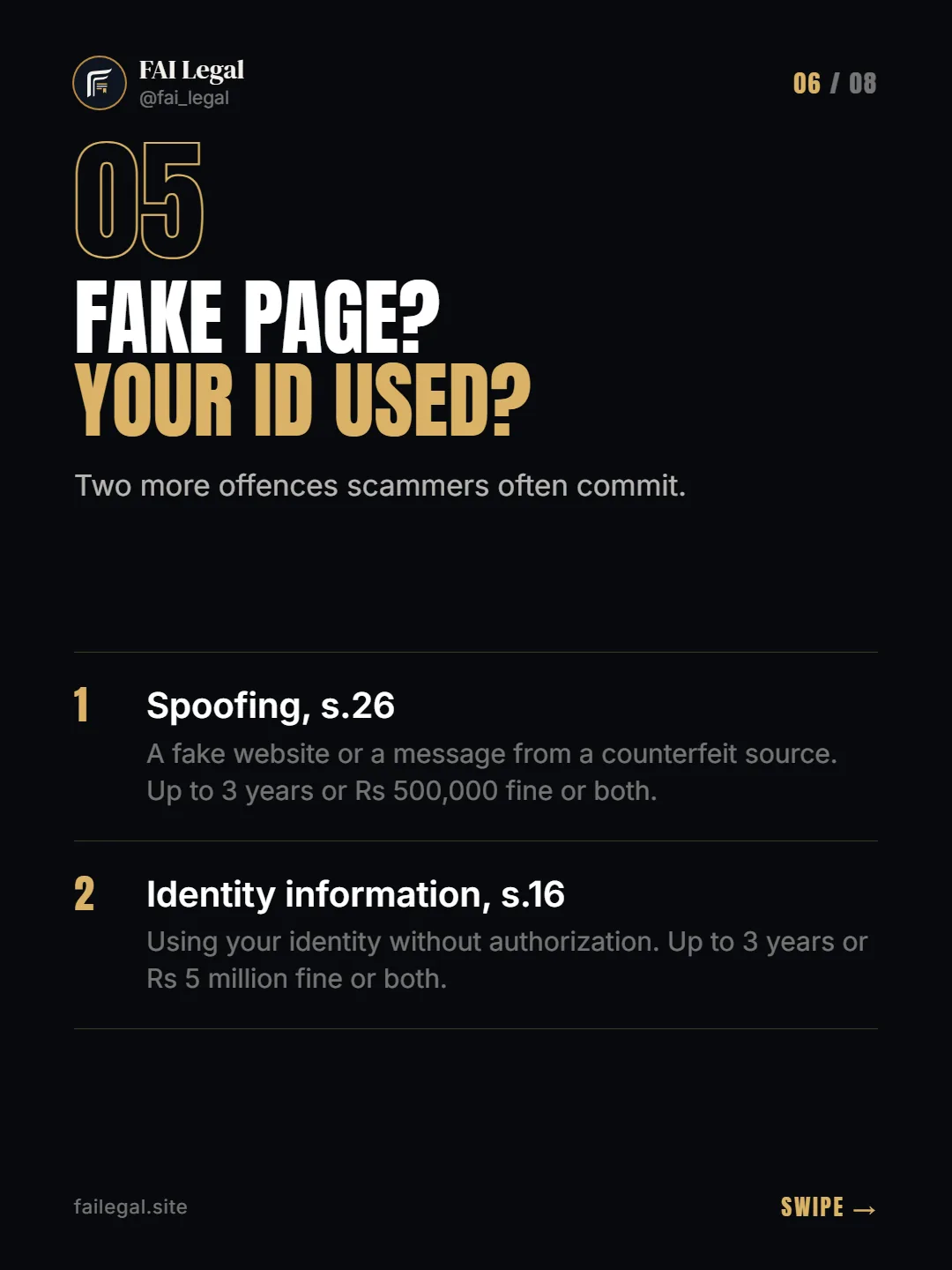 Fake page? Your ID used? · Two more offences scammers often commit. · Spoofing, s.26 · Identity information, s.16