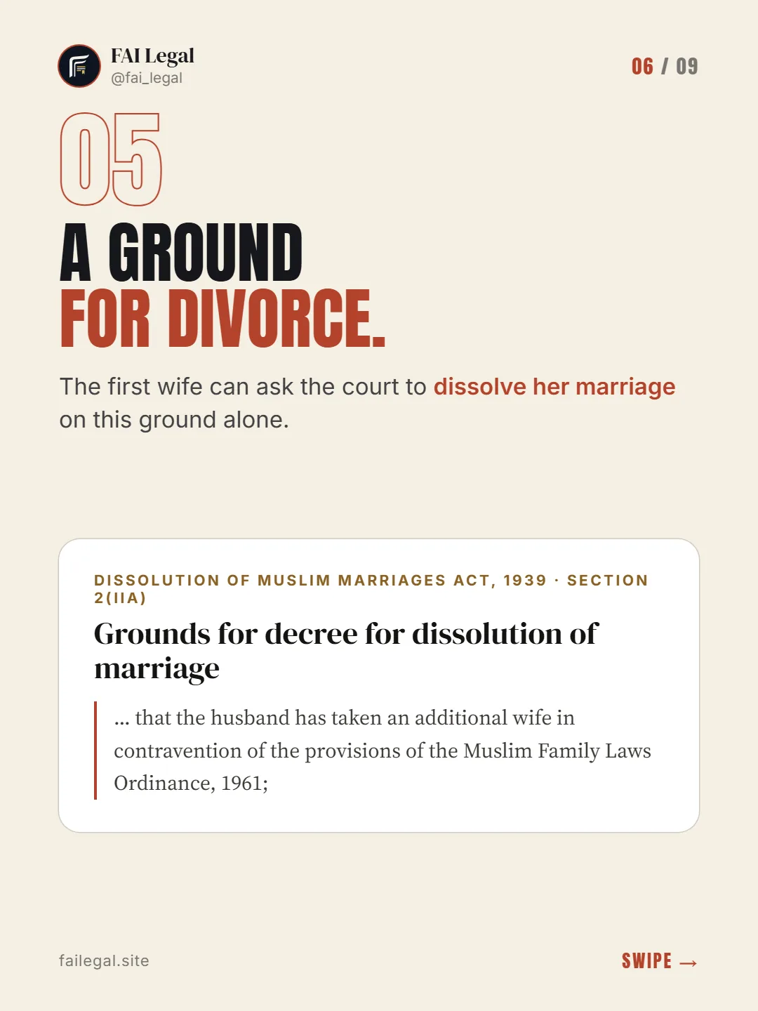 A ground for divorce. · The first wife can ask the court to dissolve her marriage on this ground alone. · Dissolution of Muslim Marriages Act, 1939 · Section 2(iia)