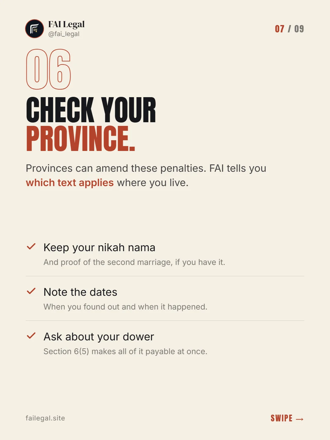Check your province. · Provinces can amend these penalties. FAI tells you which text applies where you live. · Keep your nikah nama · Note the dates · Ask about your dower