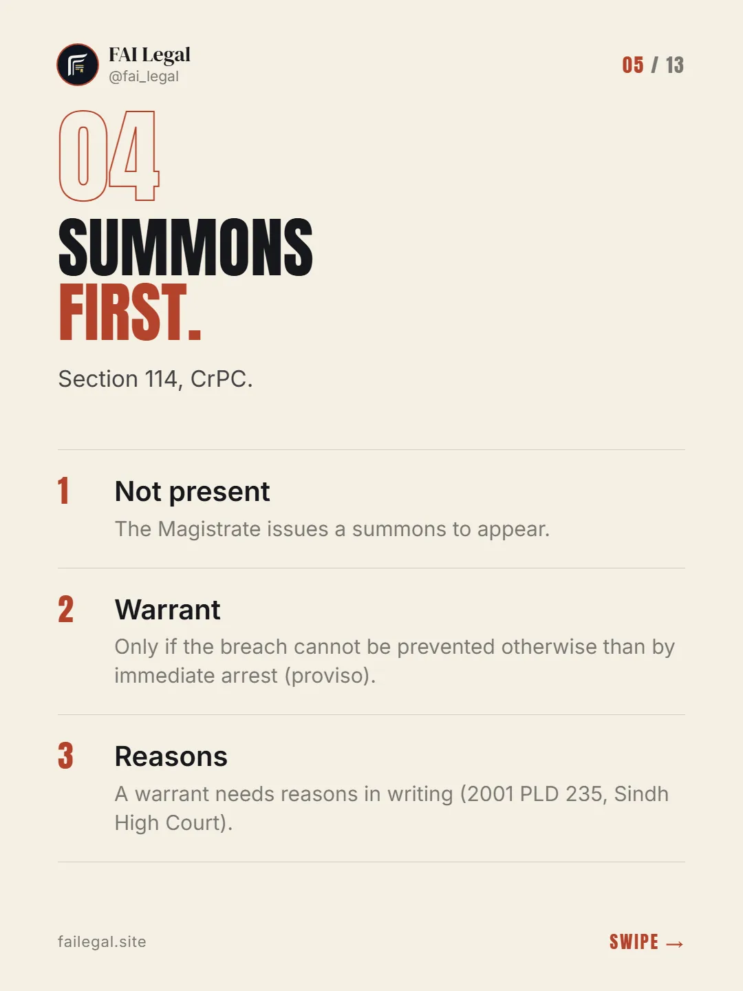 Summons first. · Section 114, CrPC. · Not present · Warrant · Reasons