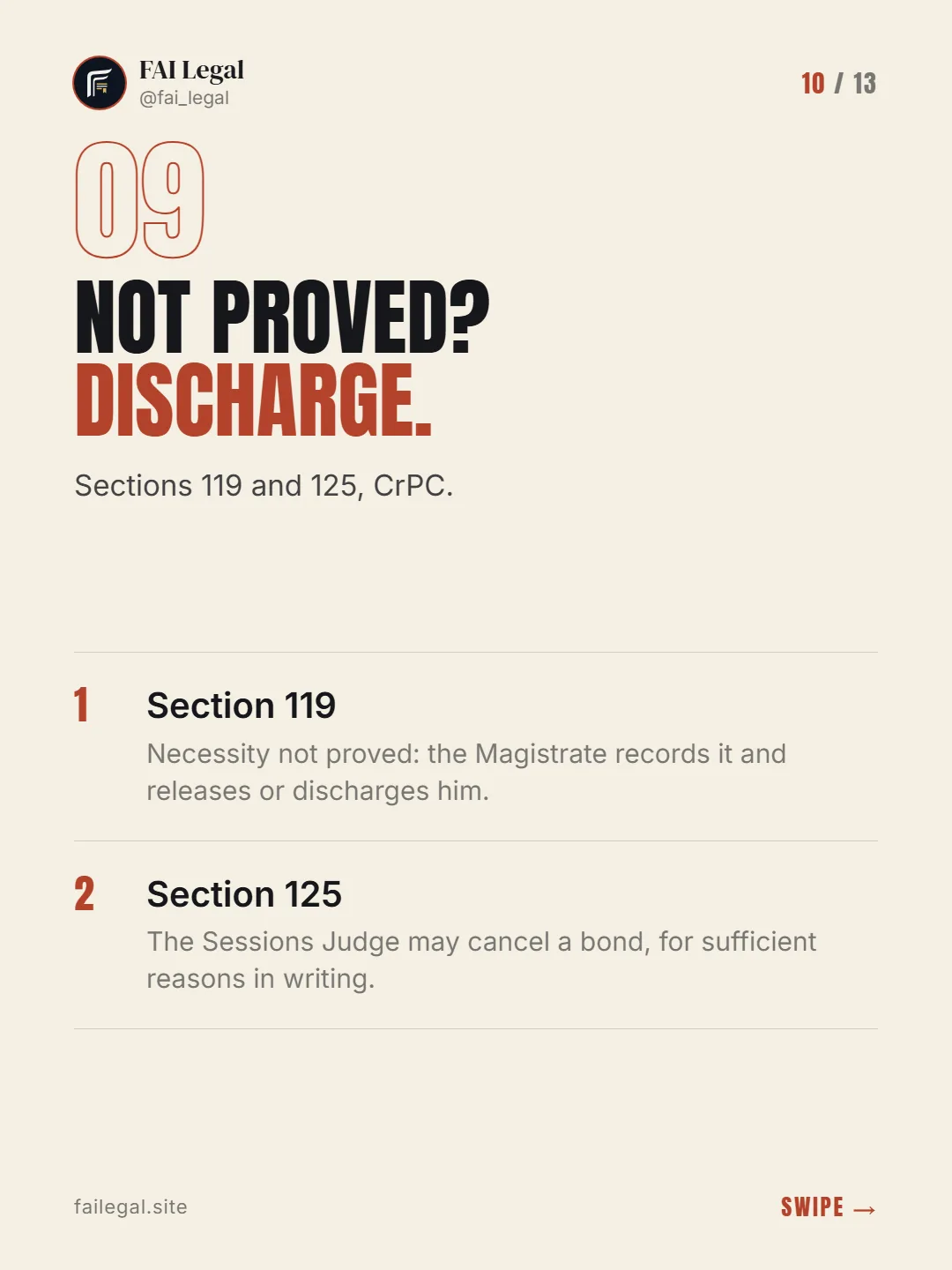 Not proved? Discharge. · Sections 119 and 125, CrPC. · Section 119 · Section 125