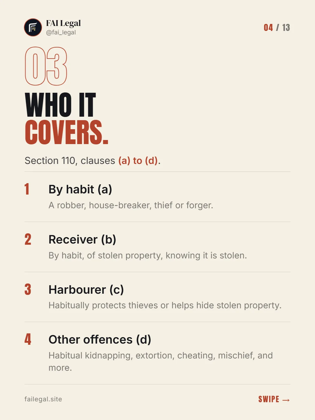 Who it covers. · Section 110, clauses (a) to (d). · By habit (a) · Receiver (b) · Harbourer (c) · Other offences (d)