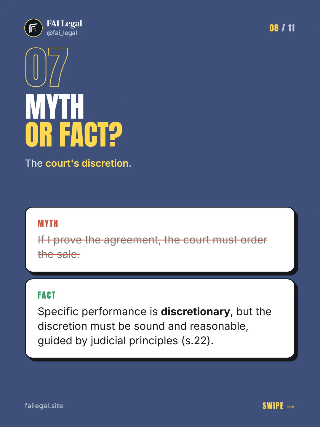 Myth or fact? · The court's discretion. · Myth: If I prove the agreement, the court must order the sale. · Fact: Specific performance is discretionary, but the discretion must be sound and reasonable, guided by judicial principles (s.22).