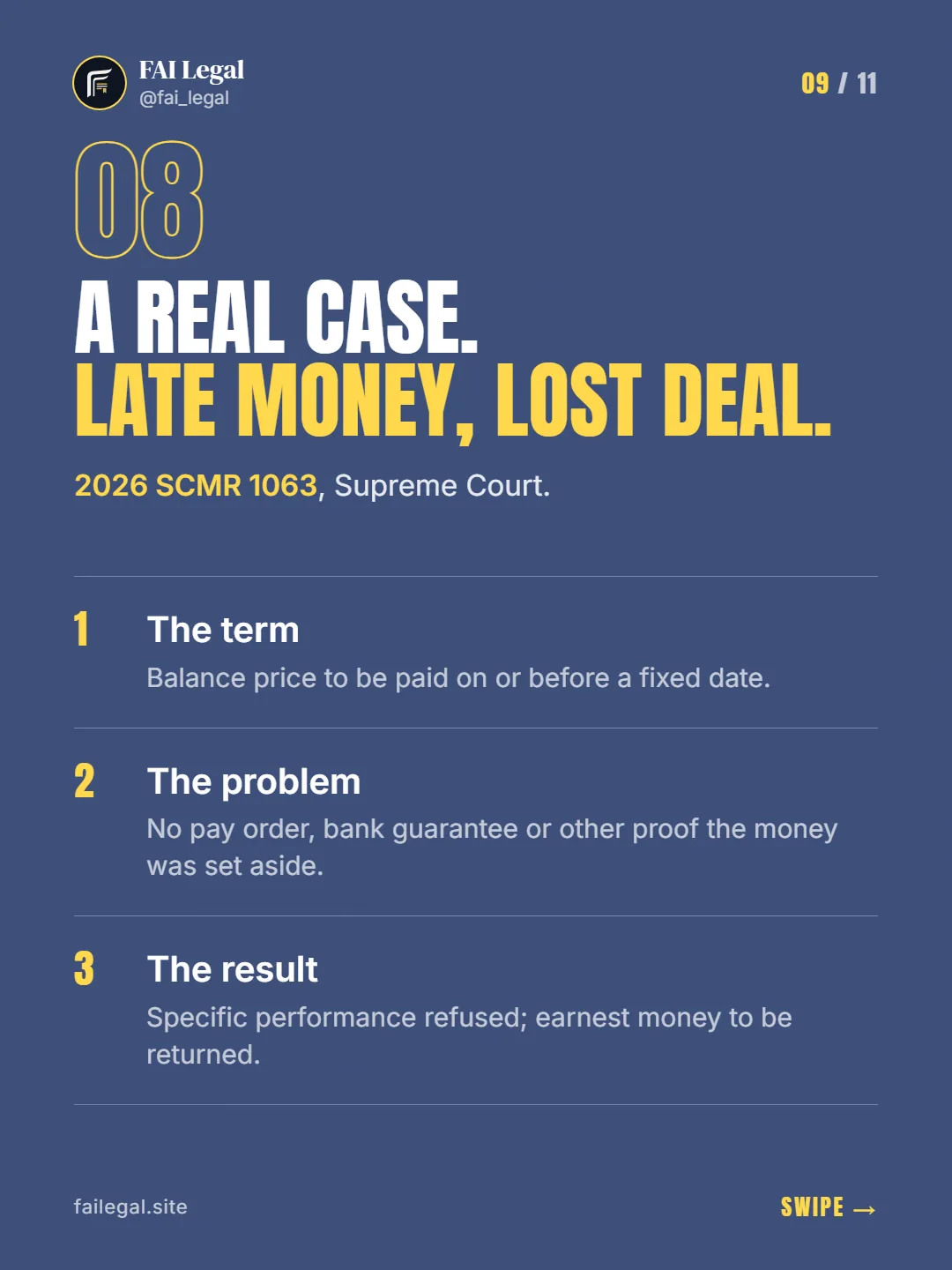 A real case. Late money, lost deal. · 2026 SCMR 1063, Supreme Court. · The term · The problem · The result