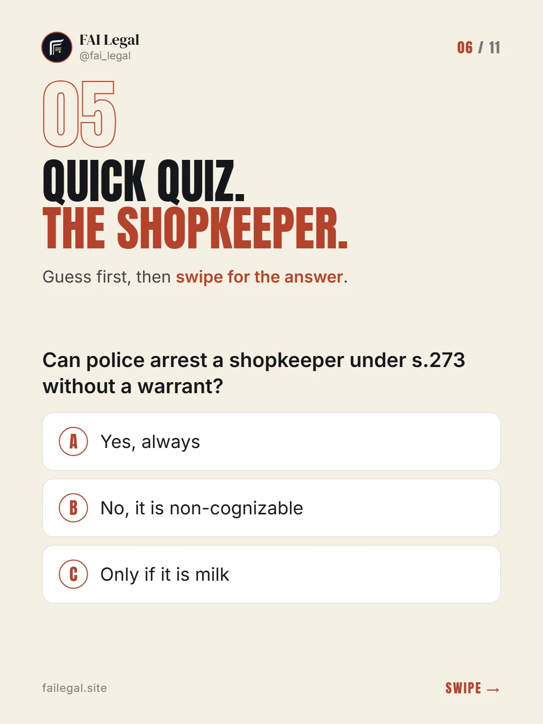 Quick quiz. The shopkeeper. · Guess first, then swipe for the answer. · A. Yes, always · B. No, it is non-cognizable · C. Only if it is milk
