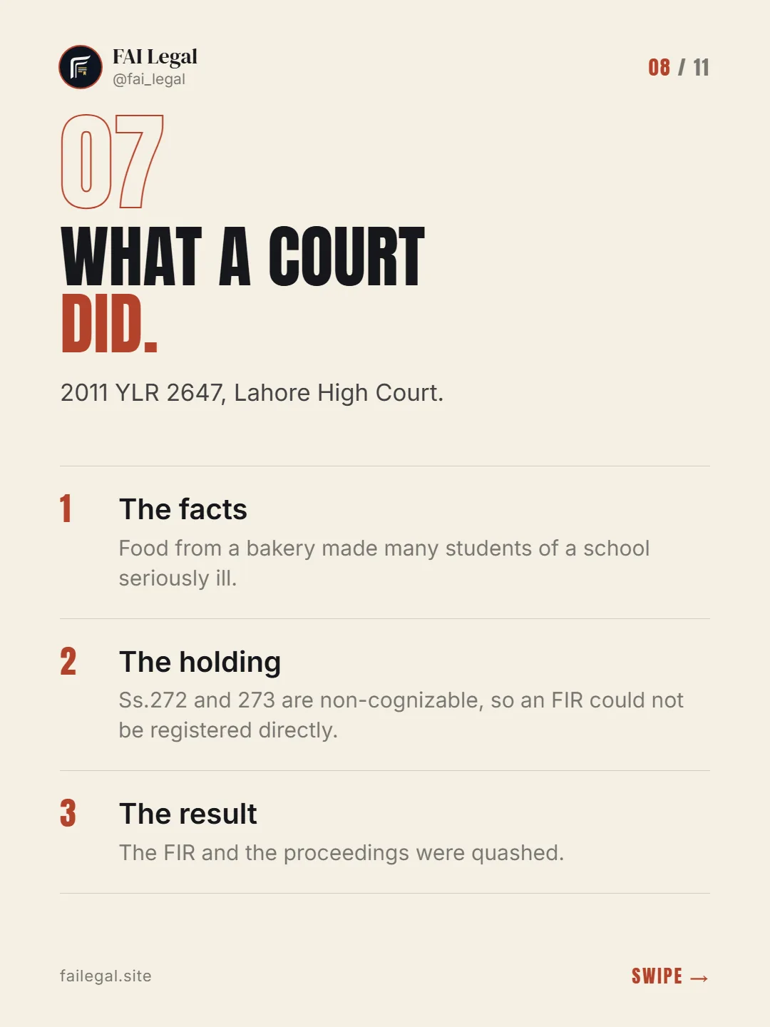 What a court did. · 2011 YLR 2647, Lahore High Court. · The facts · The holding · The result