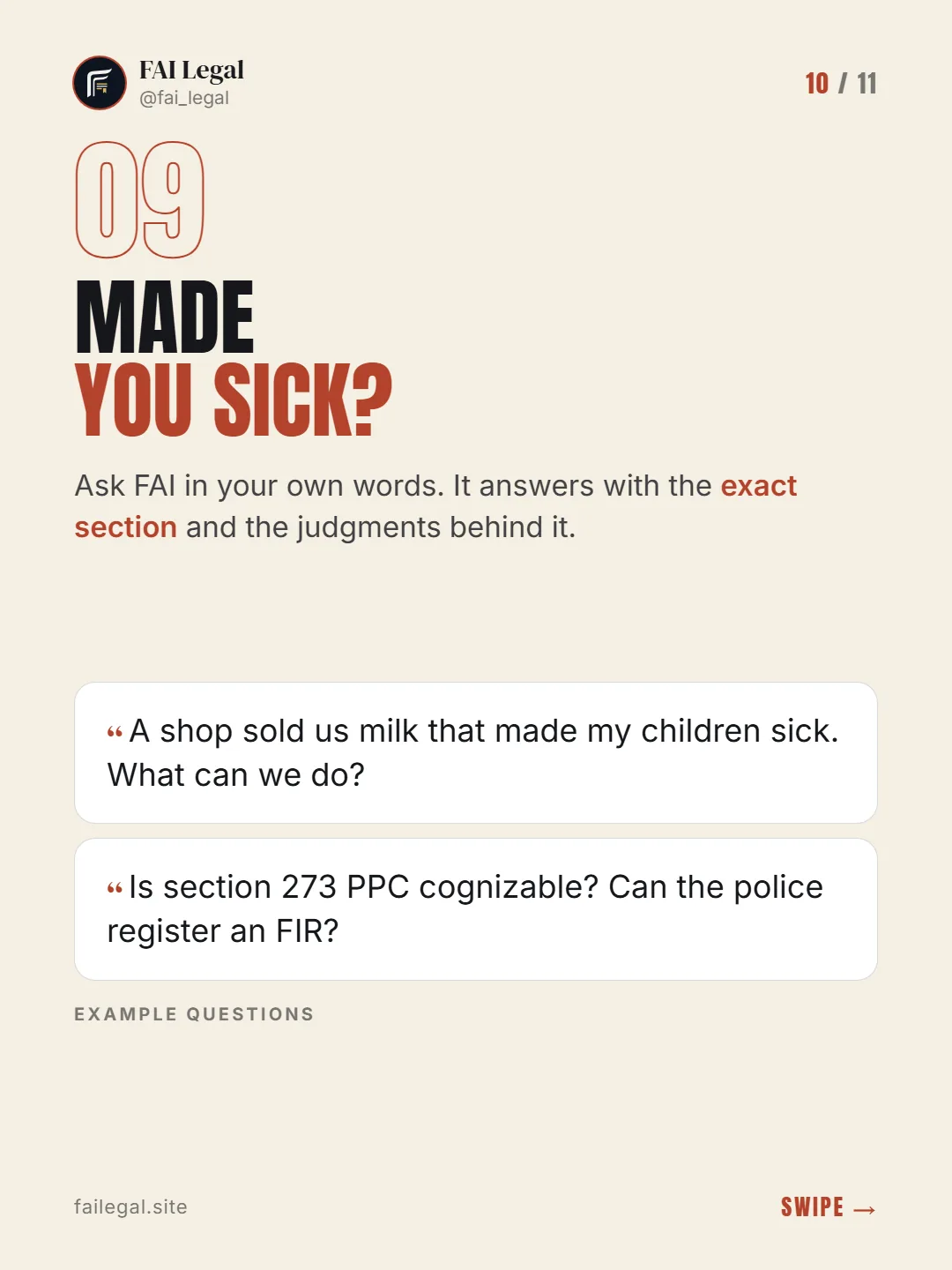 Made you sick? · Ask FAI in your own words. It answers with the exact section and the judgments behind it. · A shop sold us milk that made my children sick. What can we do? · Is section 273 PPC cognizable? Can the police register an FIR?