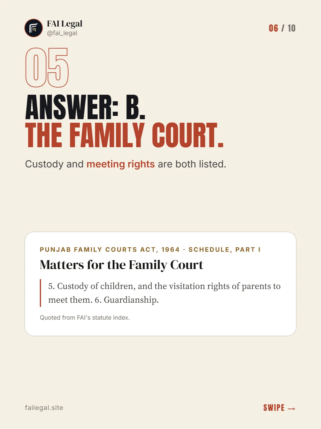 Answer: B. The Family Court. · Custody and meeting rights are both listed. · Punjab Family Courts Act, 1964 · Schedule, Part I
