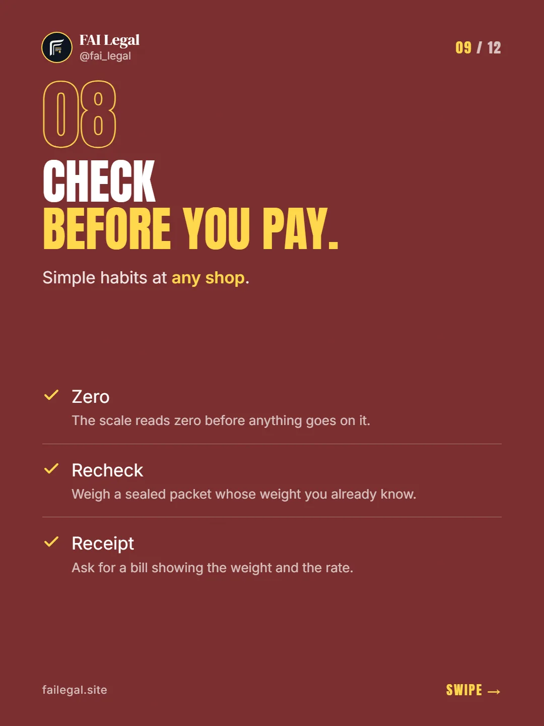 Check before you pay. · Simple habits at any shop. · Zero · Recheck · Receipt