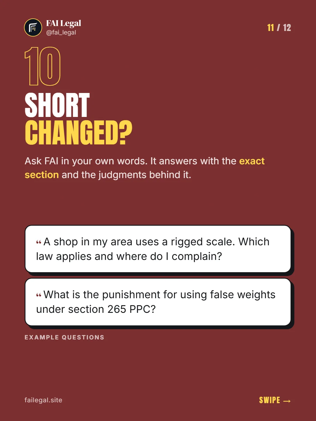Short changed? · Ask FAI in your own words. It answers with the exact section and the judgments behind it. · A shop in my area uses a rigged scale. Which law applies and where do I complain? · What is the punishment for using false weights under section 265 PPC?