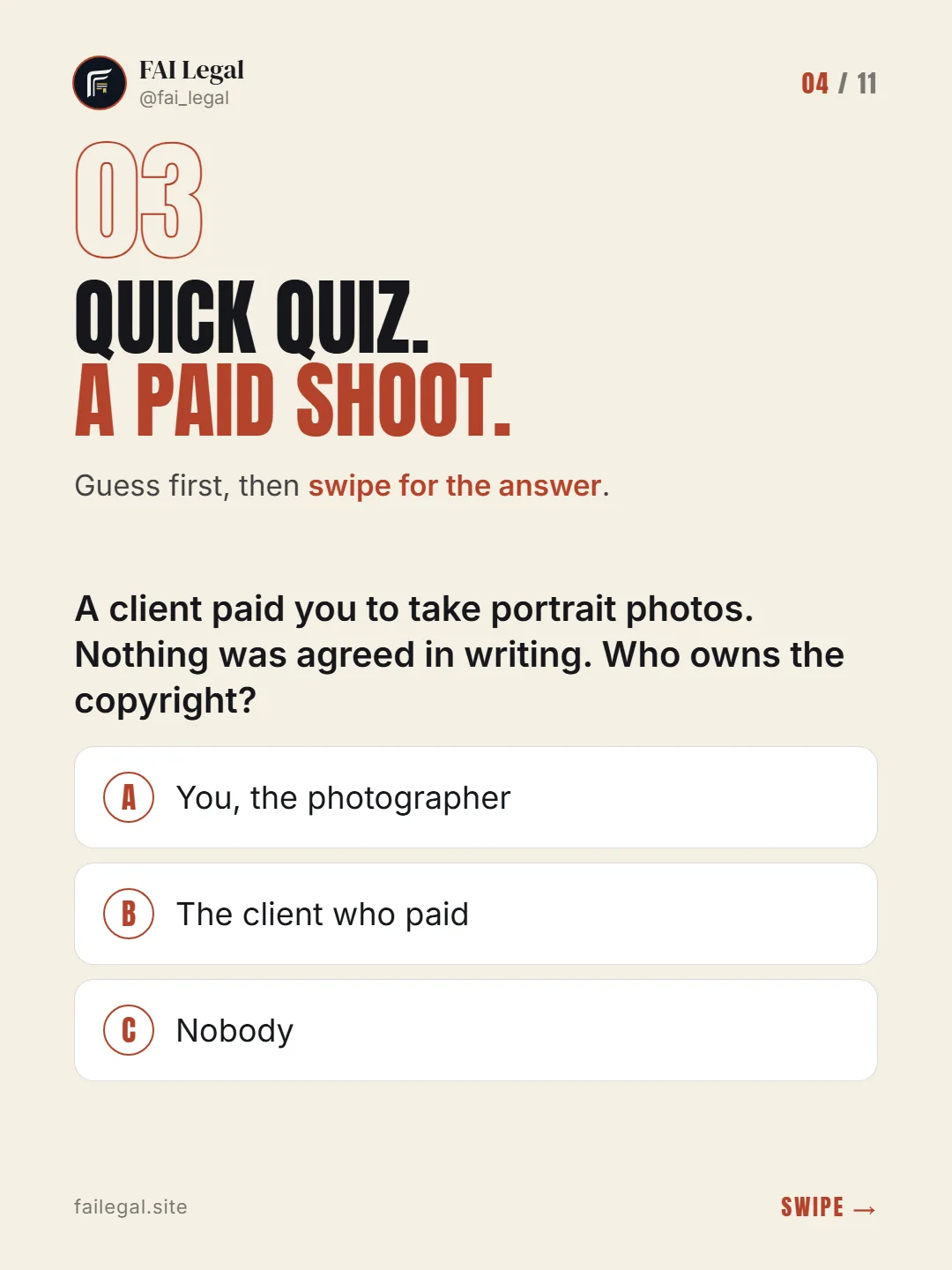 Quick quiz. A paid shoot. · Guess first, then swipe for the answer. · A. You, the photographer · B. The client who paid · C. Nobody