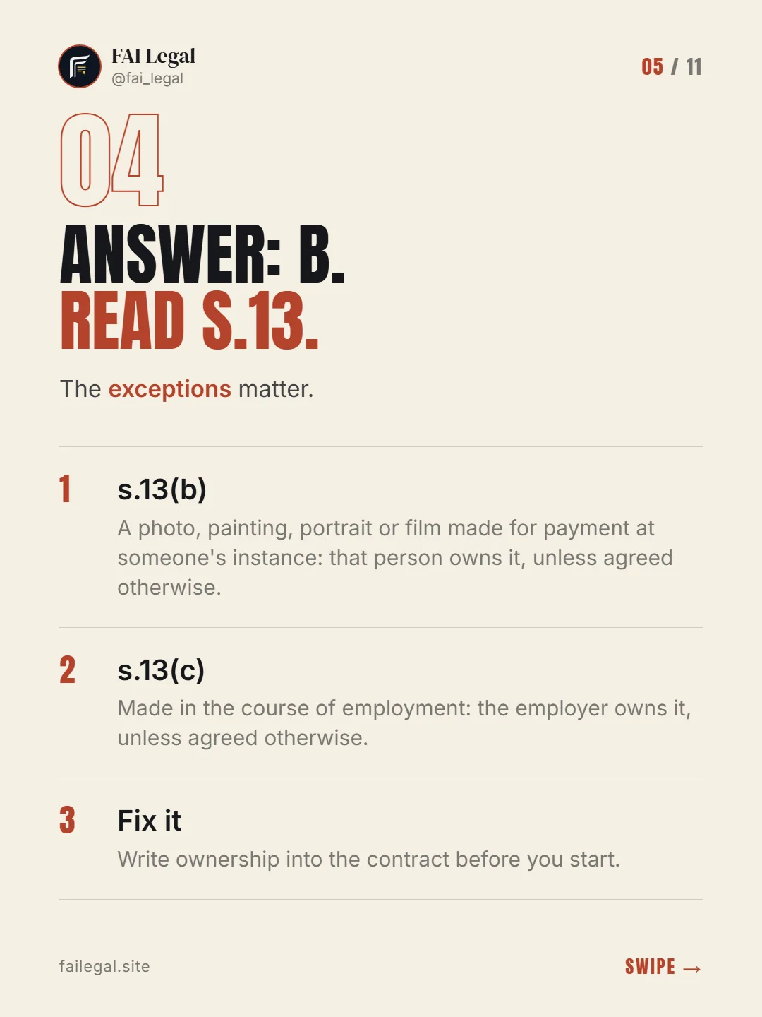 Answer: B. Read s.13. · The exceptions matter. · s.13(b) · s.13(c) · Fix it