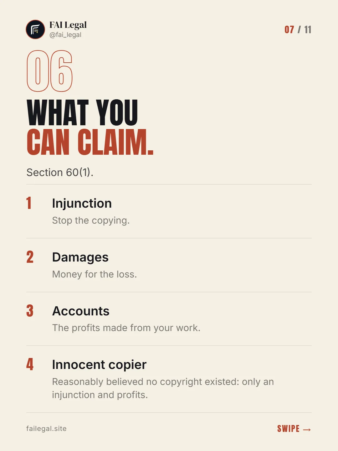 What you can claim. · Section 60(1). · Injunction · Damages · Accounts · Innocent copier
