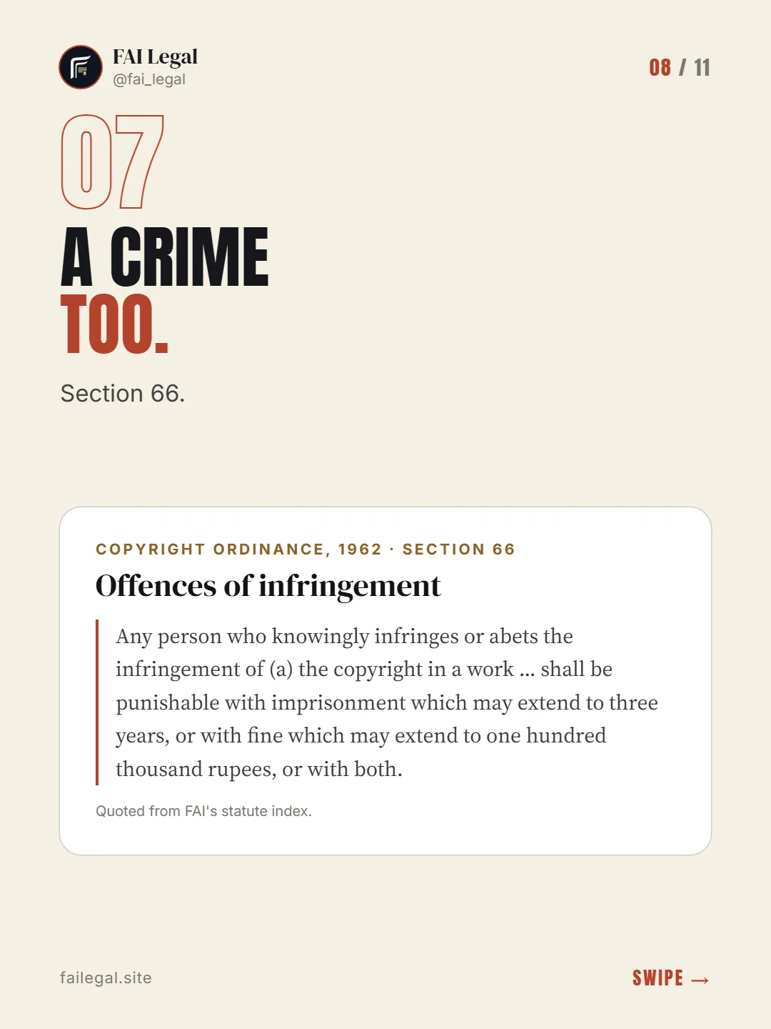 A crime too. · Section 66. · Copyright Ordinance, 1962 · Section 66