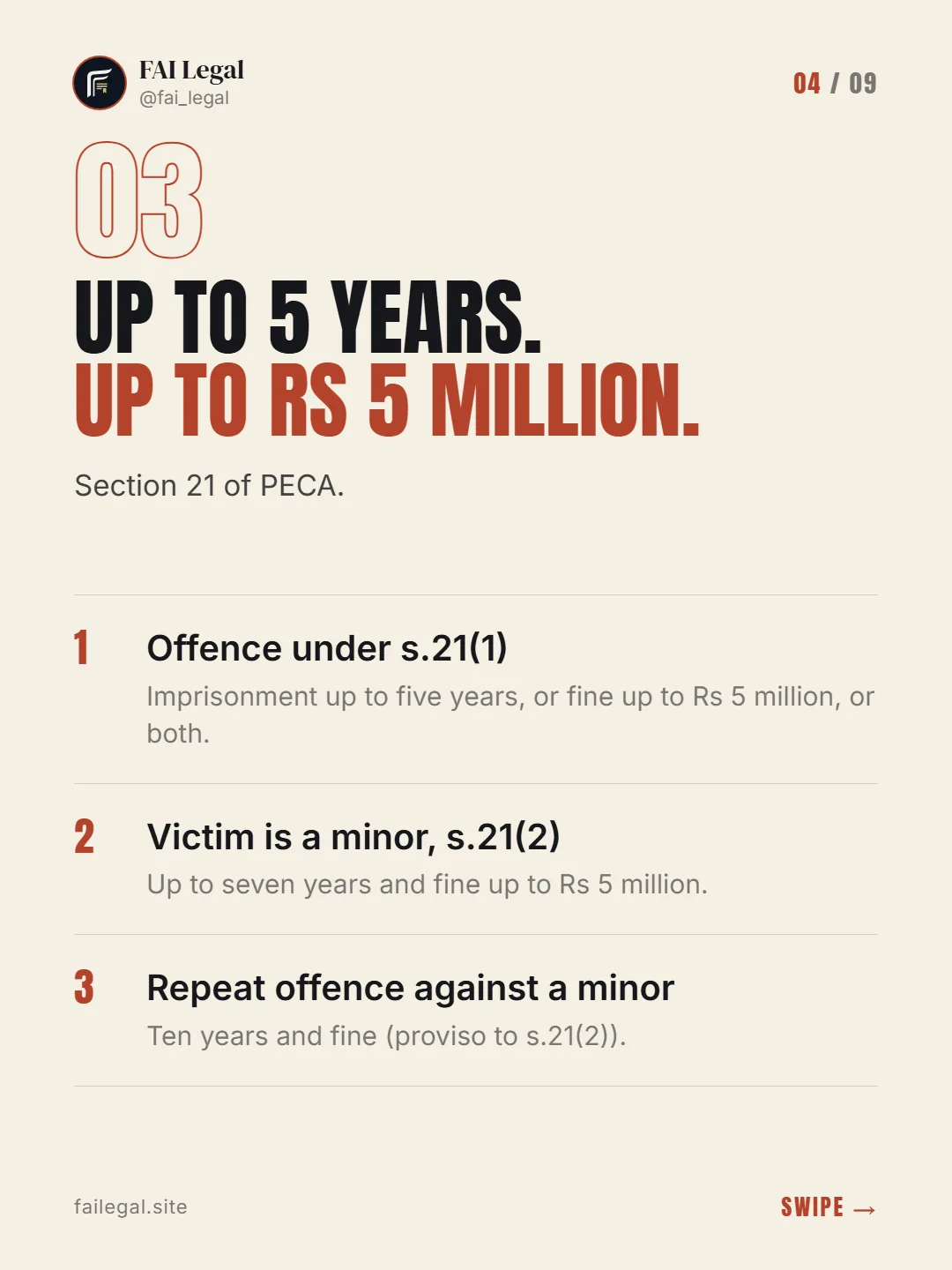 Up to 5 years. Up to Rs 5 million. · Section 21 of PECA. · Offence under s.21(1) · Victim is a minor, s.21(2) · Repeat offence against a minor