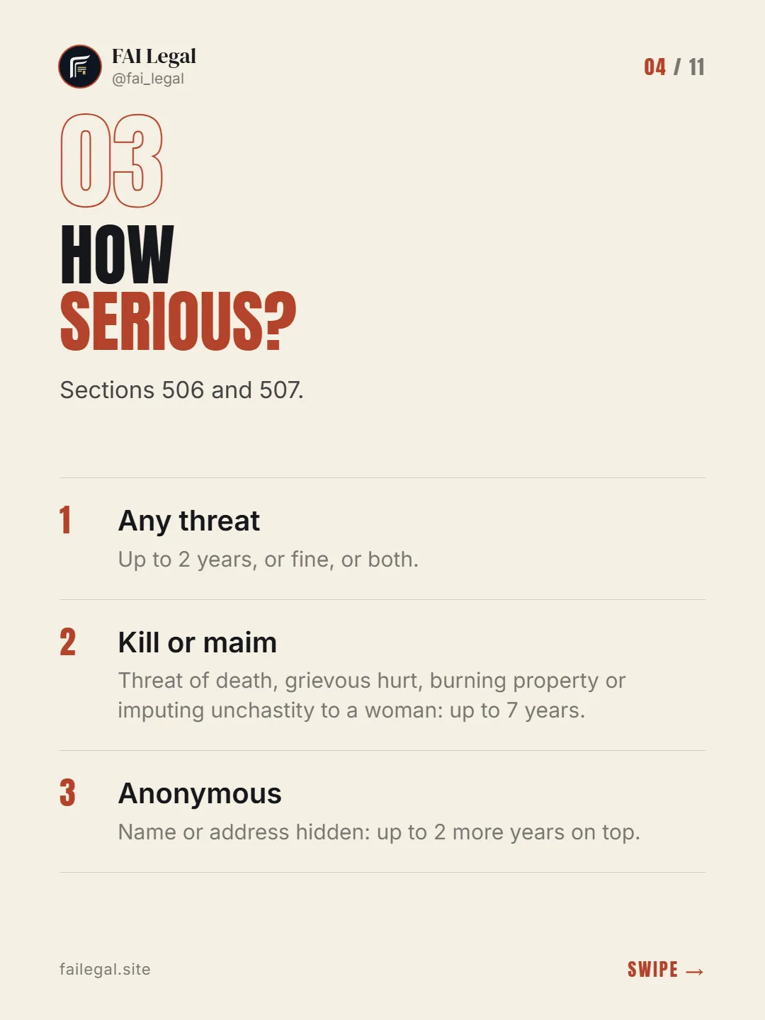 How serious? · Sections 506 and 507. · Any threat · Kill or maim · Anonymous