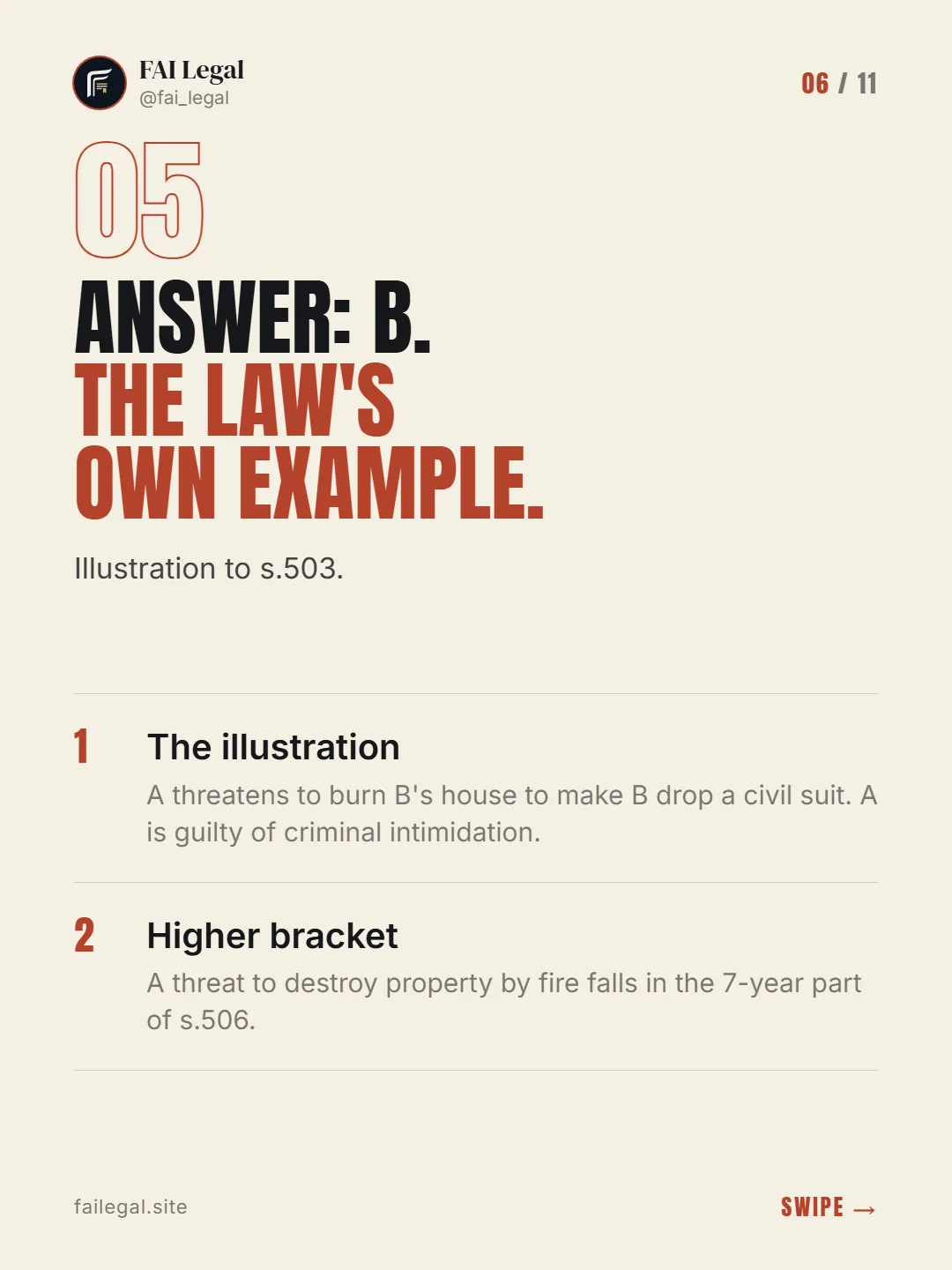 Answer: B. The law's own example. · Illustration to s.503. · The illustration · Higher bracket
