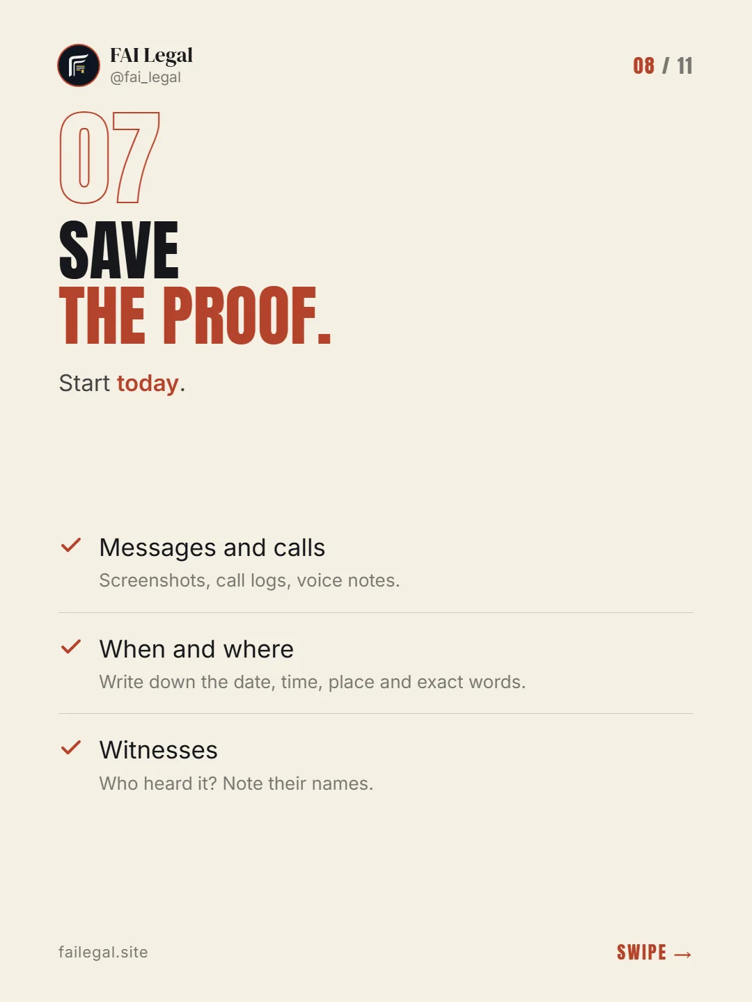 Save the proof. · Start today. · Messages and calls · When and where · Witnesses