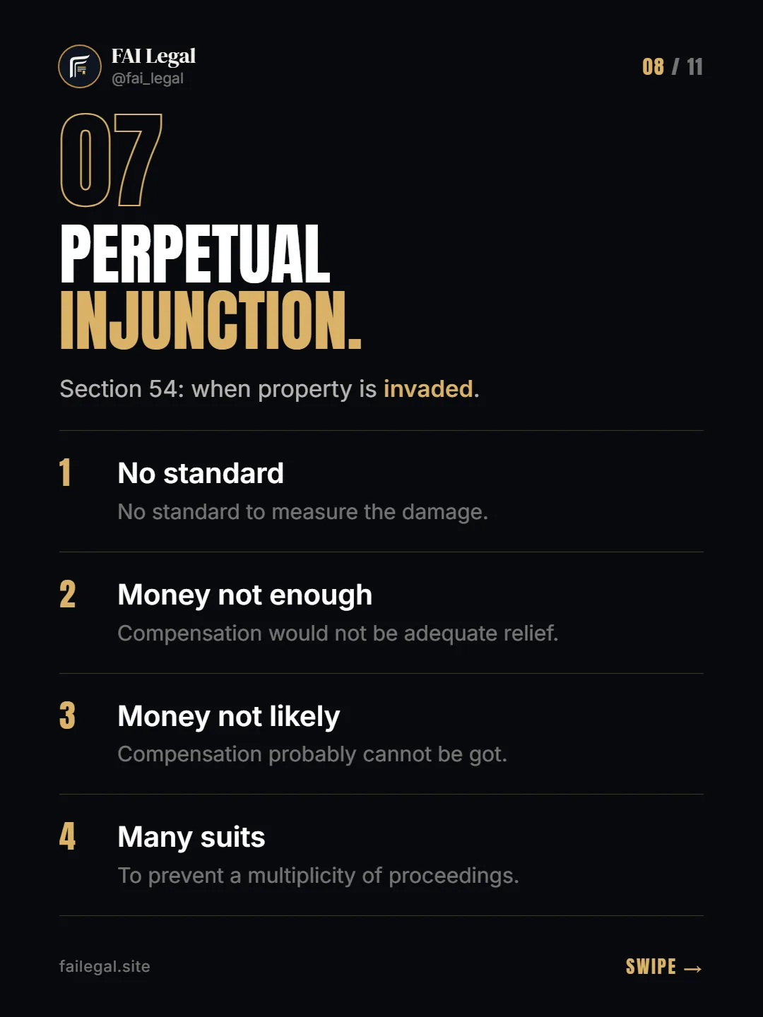 Perpetual injunction. · Section 54: when property is invaded. · No standard · Money not enough · Money not likely · Many suits