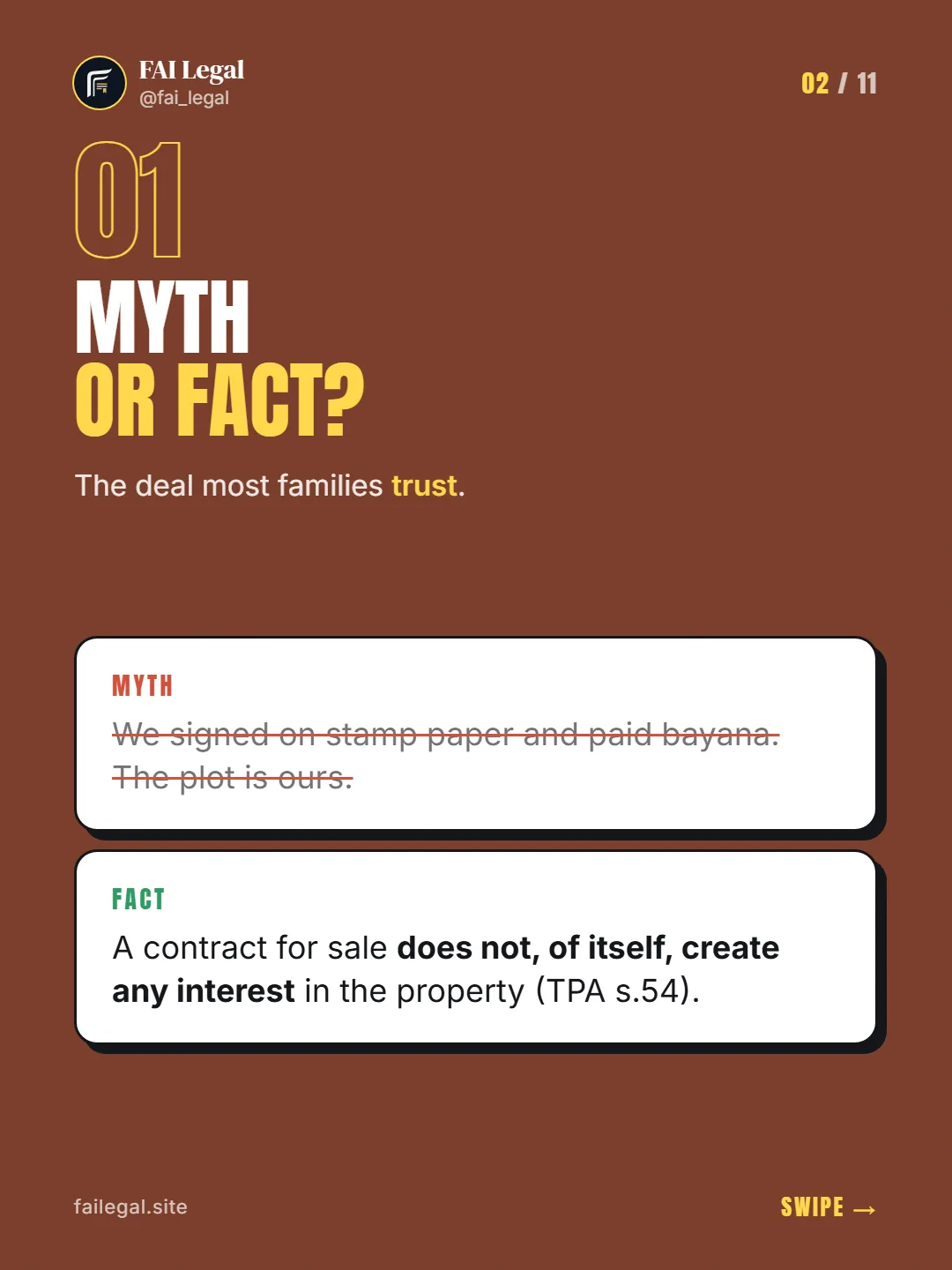 Myth or fact? · The deal most families trust. · Myth: We signed on stamp paper and paid bayana. The plot is ours. · Fact: A contract for sale does not, of itself, create any interest in the property (TPA s.54).