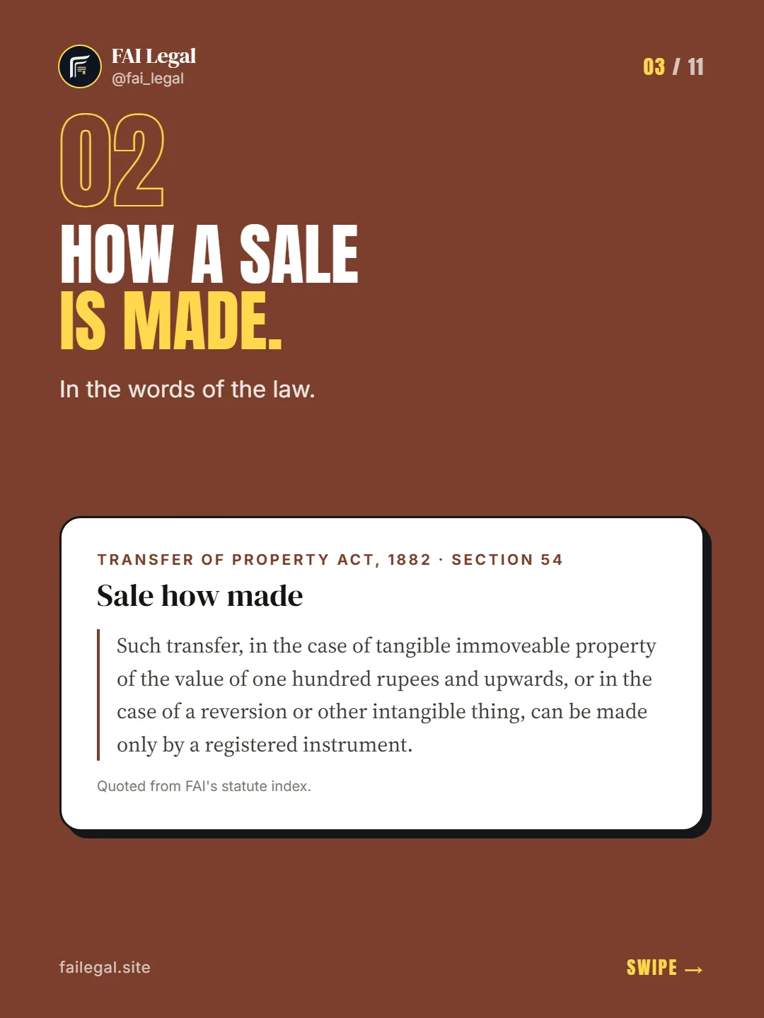 How a sale is made. · In the words of the law. · Transfer of Property Act, 1882 · Section 54