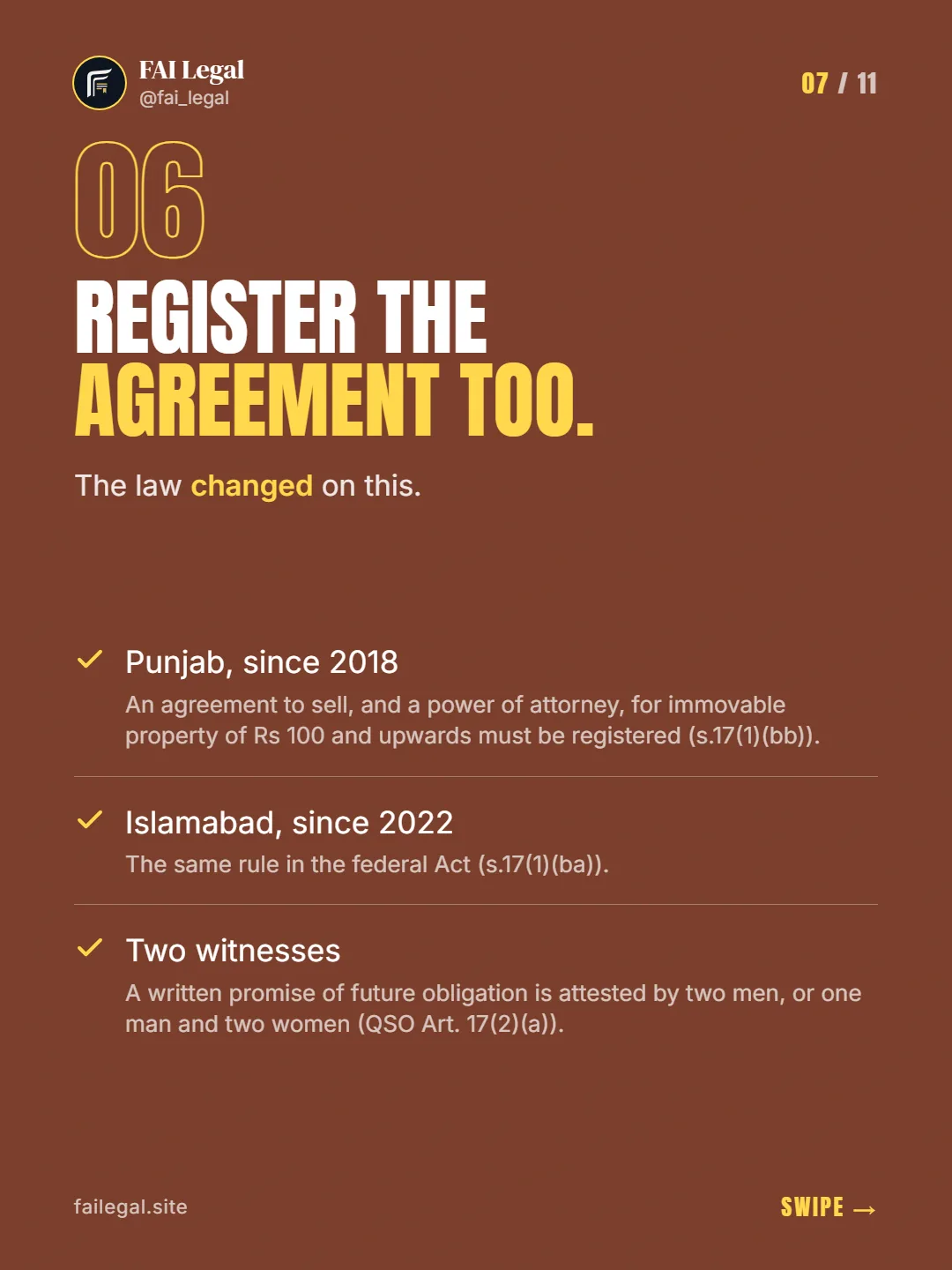 Register the agreement too. · The law changed on this. · Punjab, since 2018 · Islamabad, since 2022 · Two witnesses