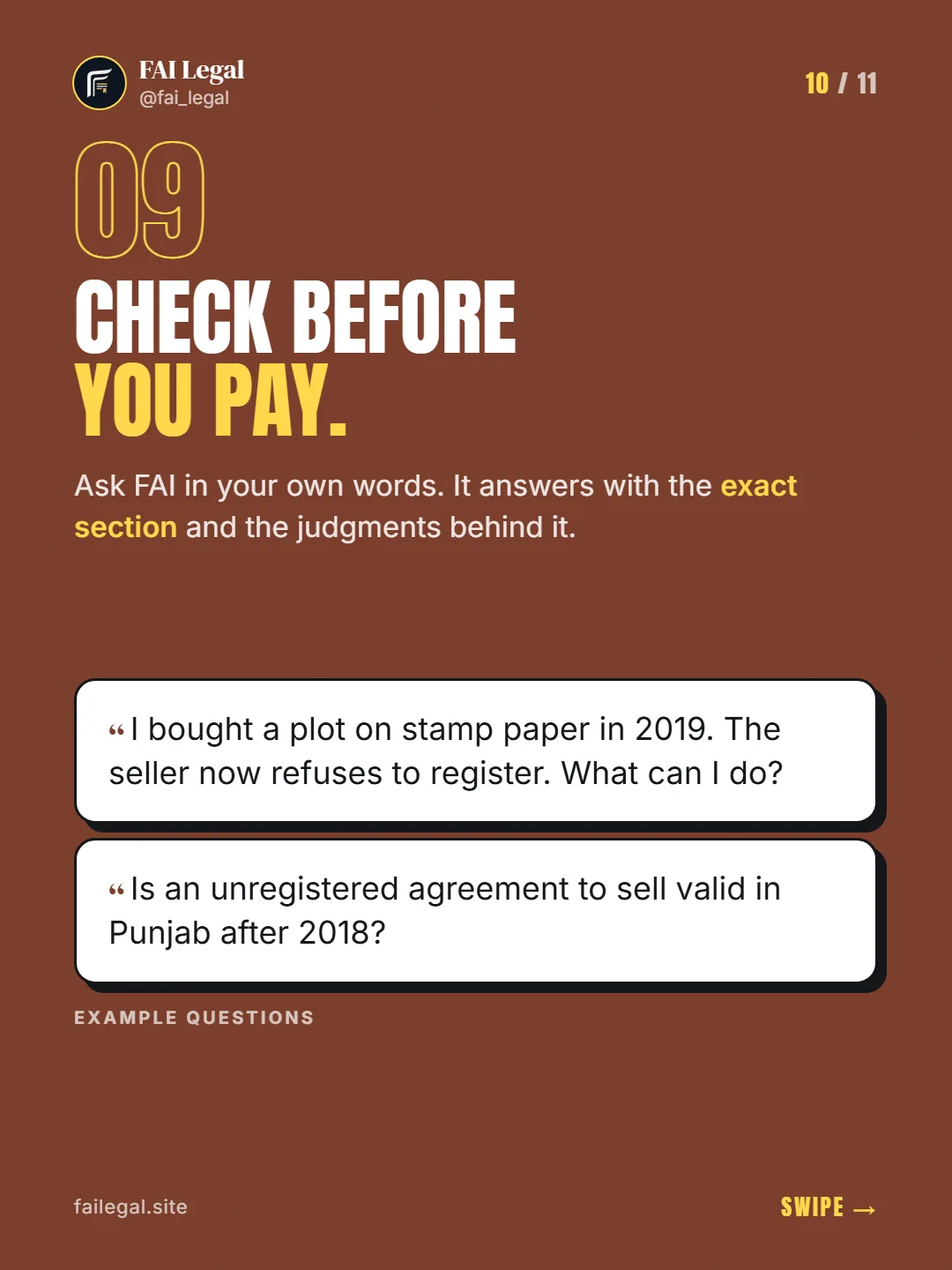 Check before you pay. · Ask FAI in your own words. It answers with the exact section and the judgments behind it. · I bought a plot on stamp paper in 2019. The seller now refuses to register. What can I do? · Is an unregistered agreement to sell valid in Punjab after 2018?