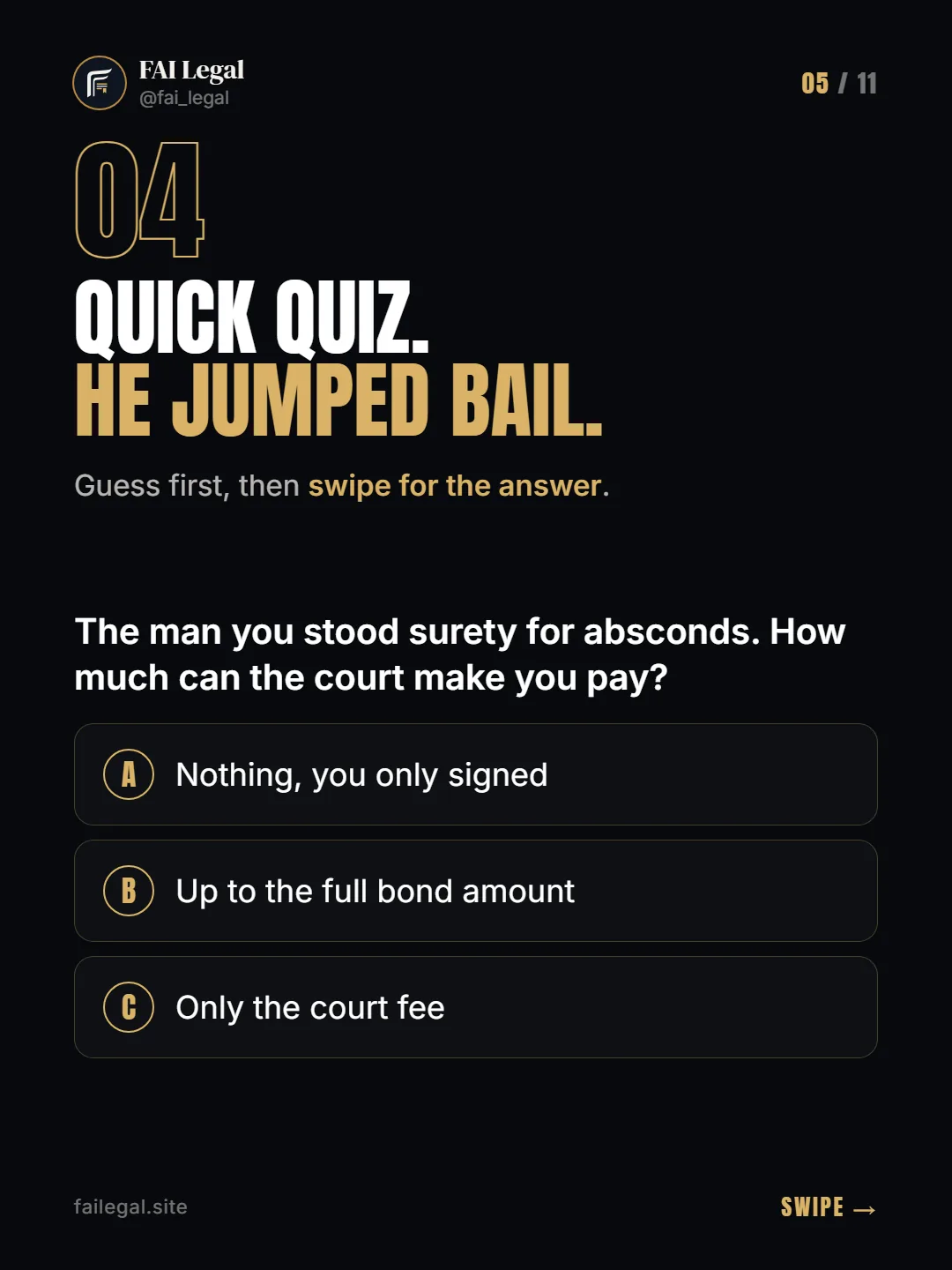 Quick quiz. He jumped bail. · Guess first, then swipe for the answer. · A. Nothing, you only signed · B. Up to the full bond amount · C. Only the court fee