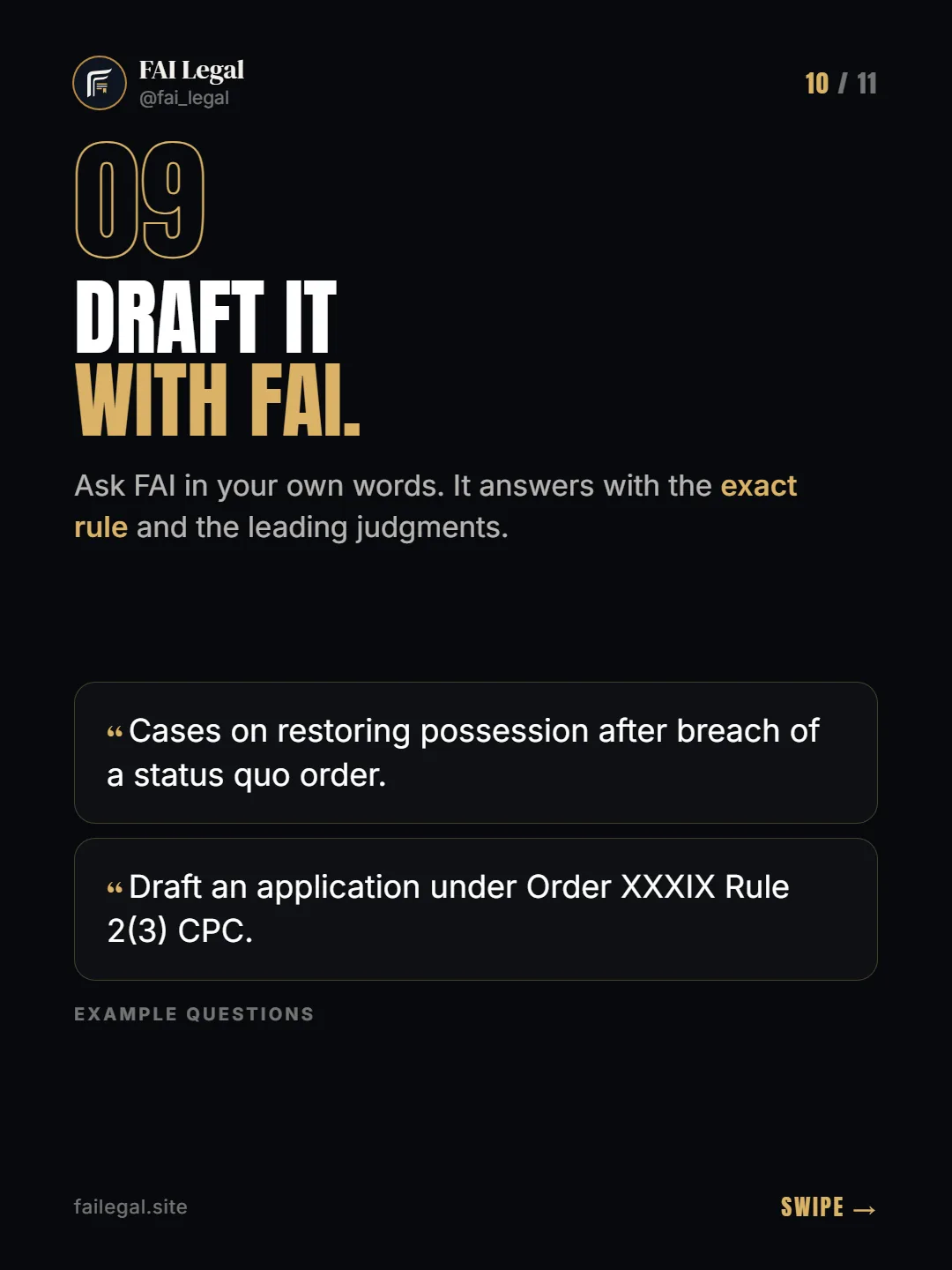 Draft it with FAI. · Ask FAI in your own words. It answers with the exact rule and the leading judgments. · Cases on restoring possession after breach of a status quo order. · Draft an application under Order XXXIX Rule 2(3) CPC.