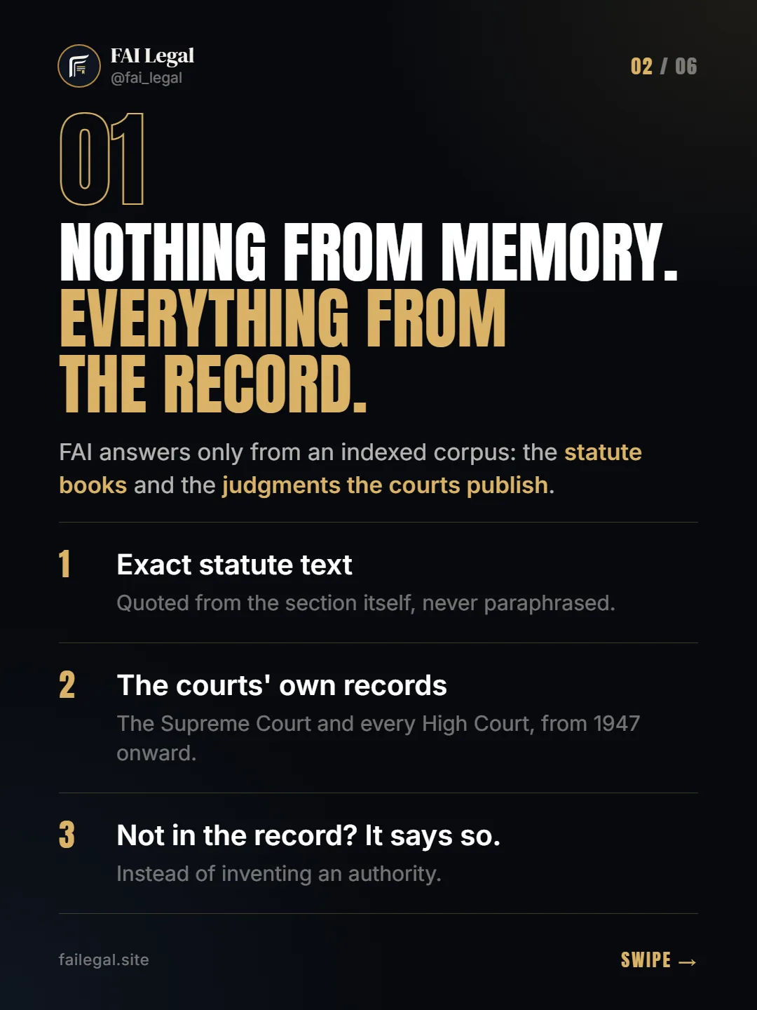 Nothing from memory. Everything from the record. · FAI answers only from an indexed corpus: the statute books and the judgments the courts publish. · Exact statute text · The courts' own records · Not in the record? It says so.