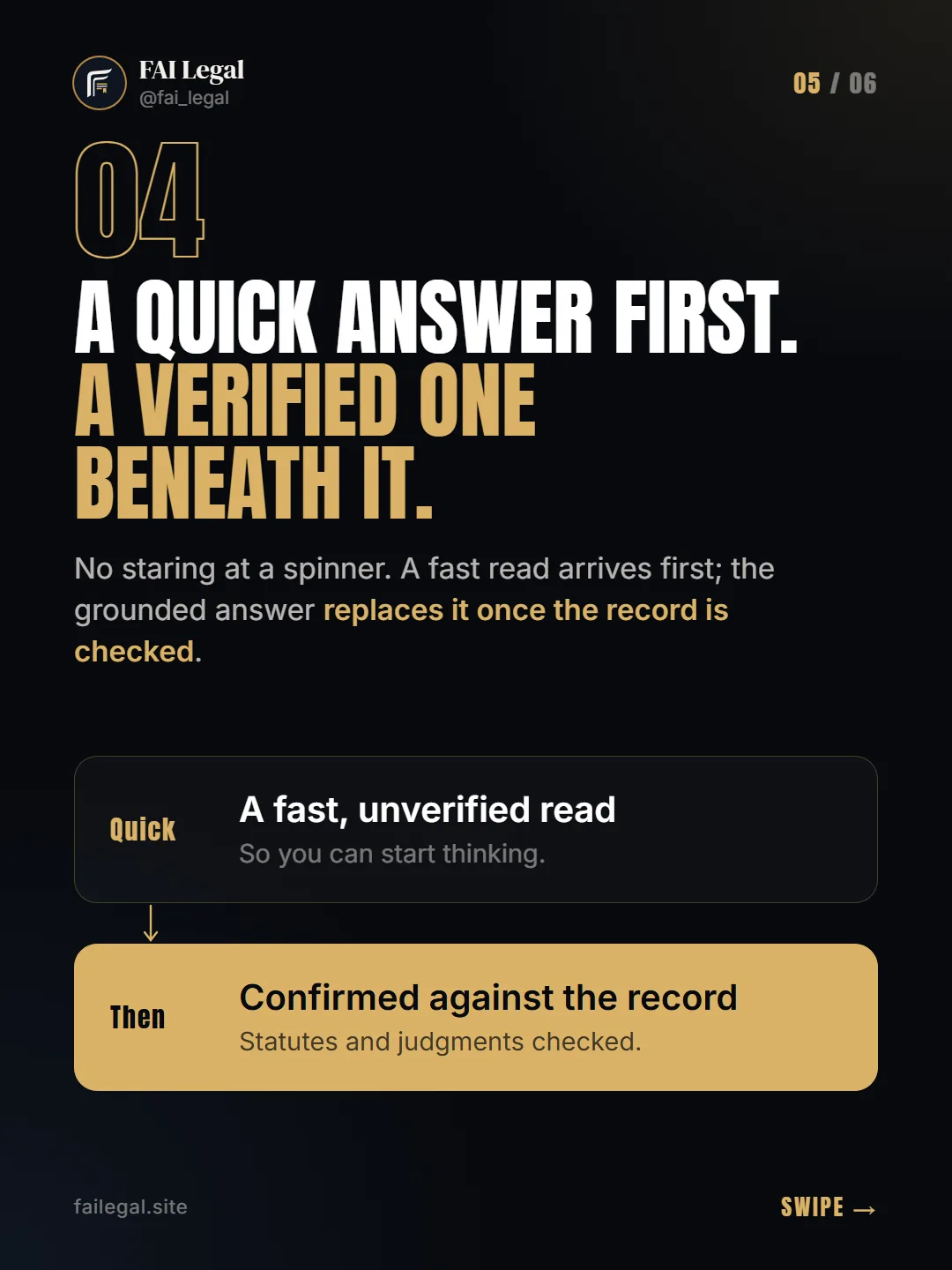 A quick answer first. A verified one beneath it. · No staring at a spinner. A fast read arrives first; the grounded answer replaces it once the record is checked. · Quick: A fast, unverified read · Then: Confirmed against the record