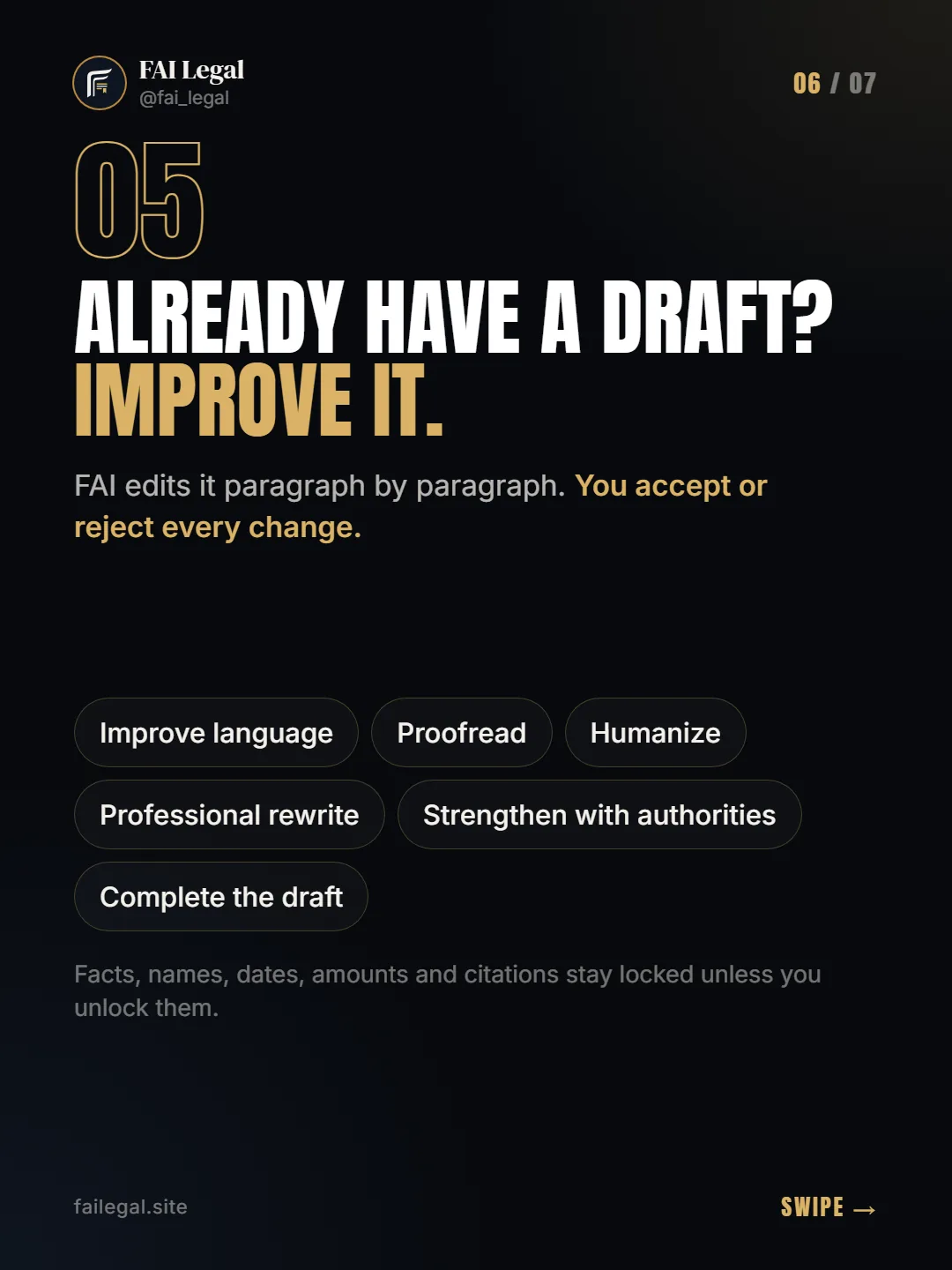 Already have a draft? Improve it. · FAI edits it paragraph by paragraph. You accept or reject every change. · Improve language · Proofread · Humanize · Professional rewrite · Strengthen with authorities · Complete the draft