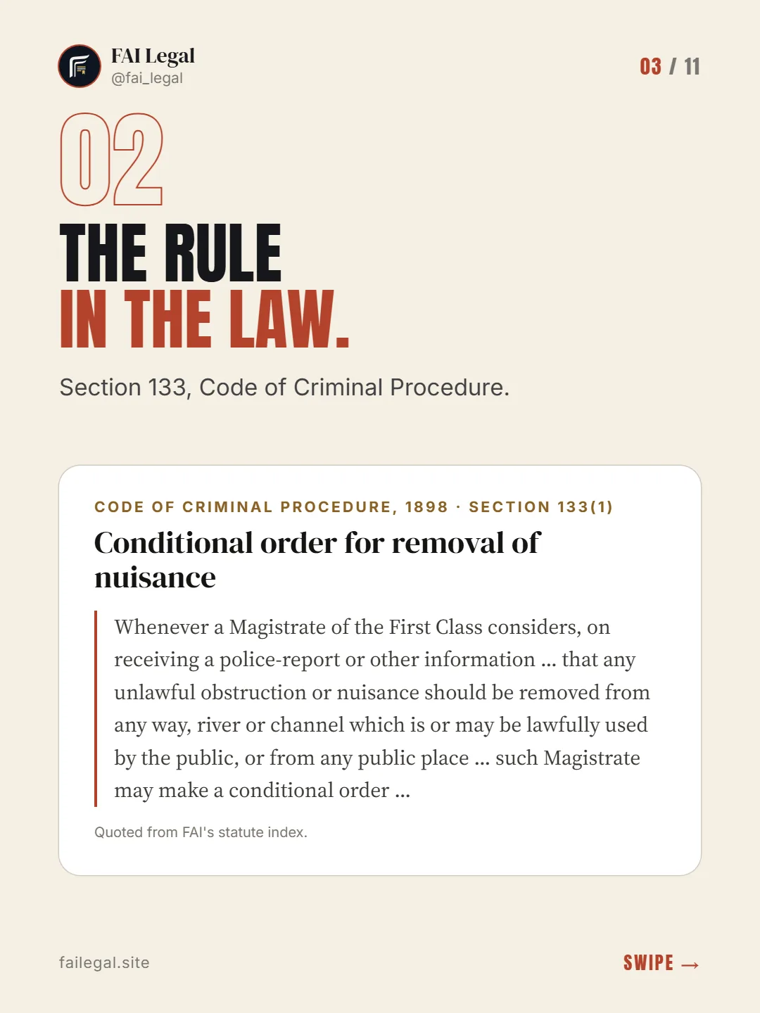 The rule in the law. · Section 133, Code of Criminal Procedure. · Code of Criminal Procedure, 1898 · Section 133(1)