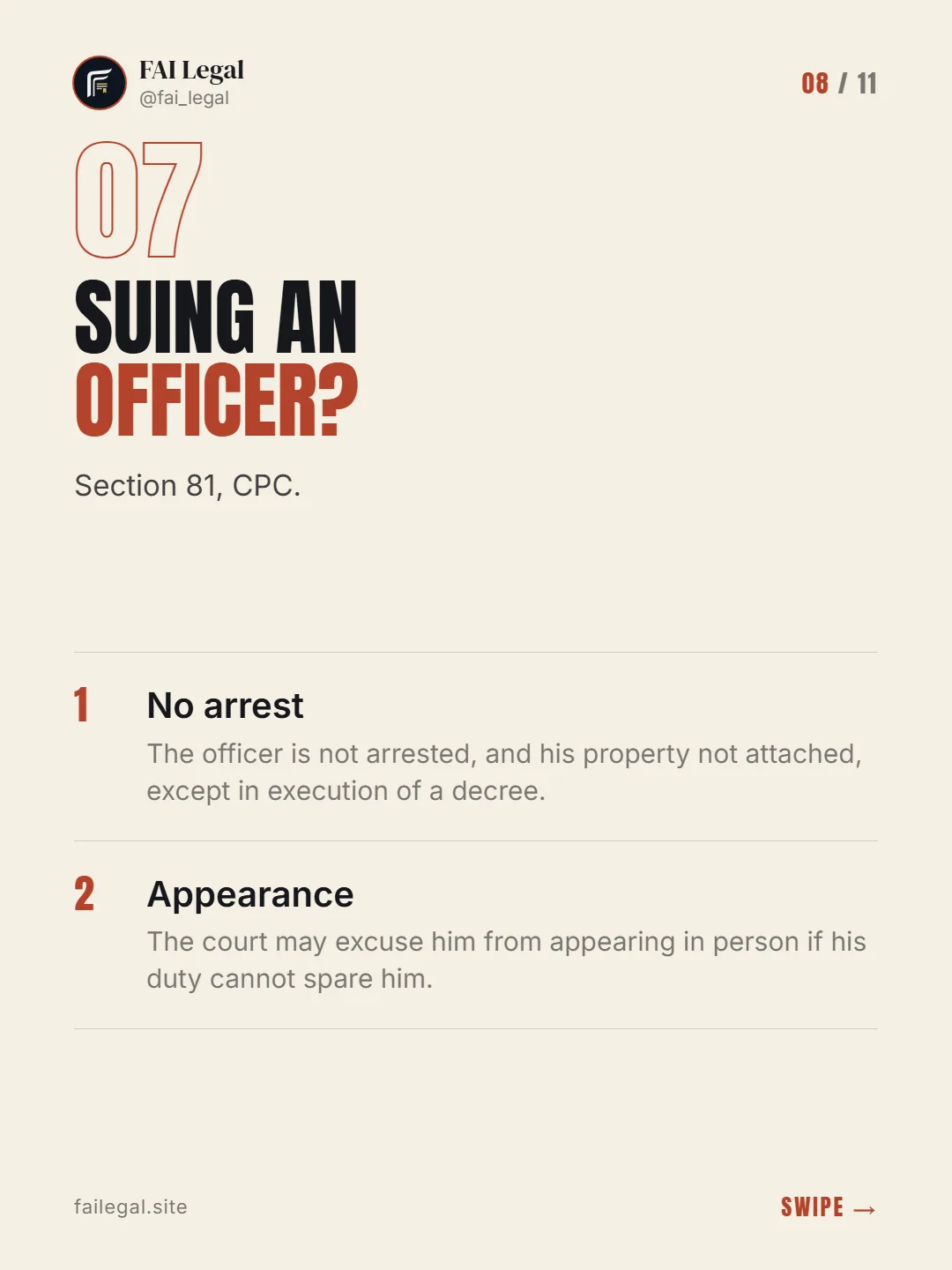 Suing an officer? · Section 81, CPC. · No arrest · Appearance