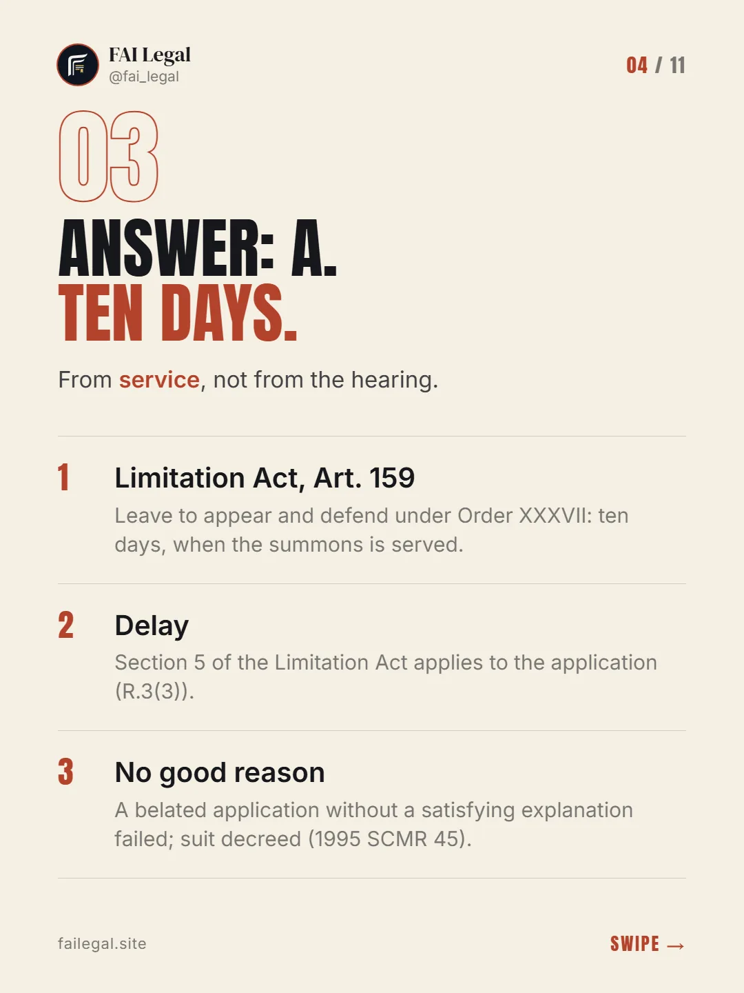 Answer: A. Ten days. · From service, not from the hearing. · Limitation Act, Art. 159 · Delay · No good reason