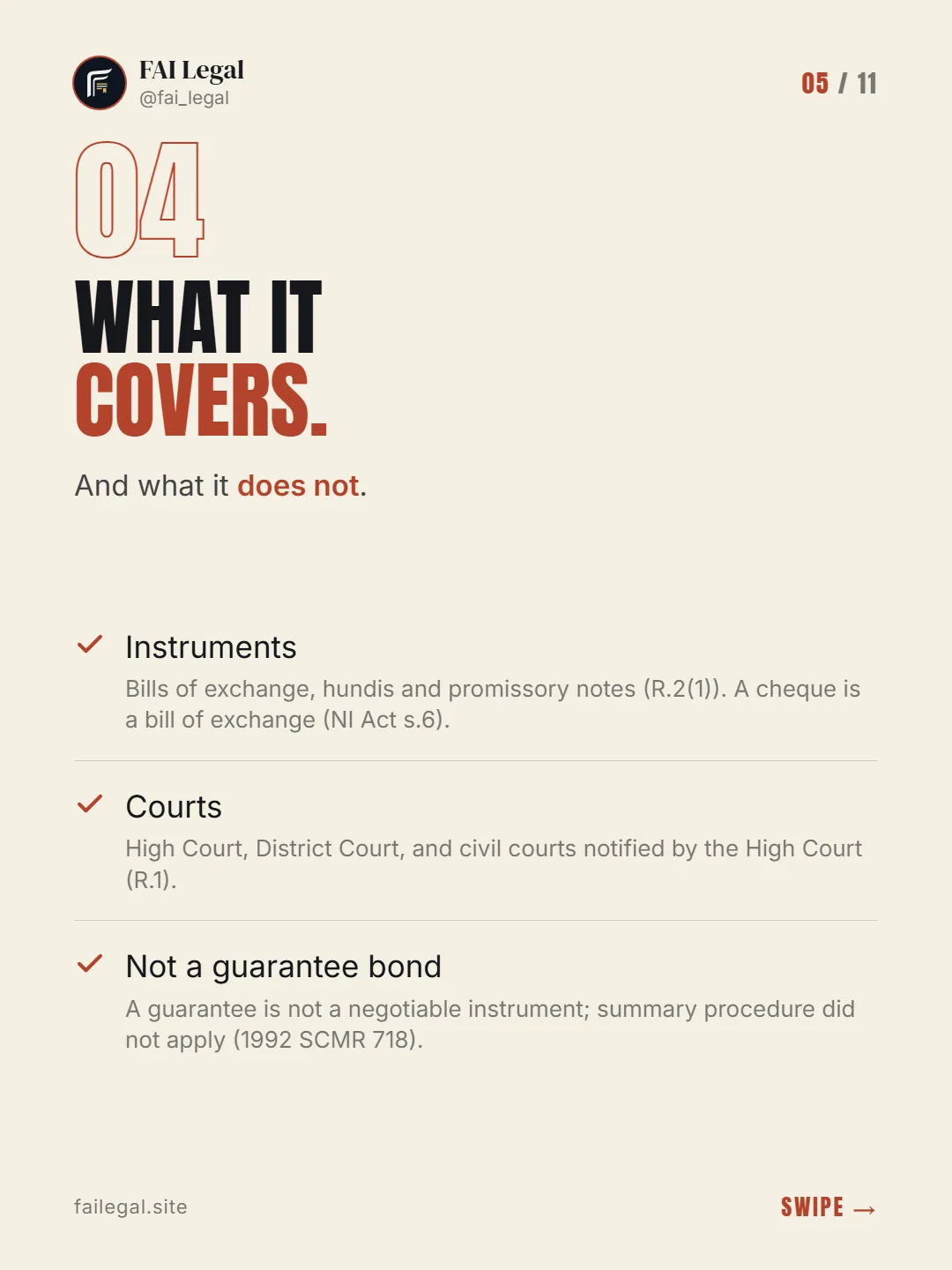 What it covers. · And what it does not. · Instruments · Courts · Not a guarantee bond