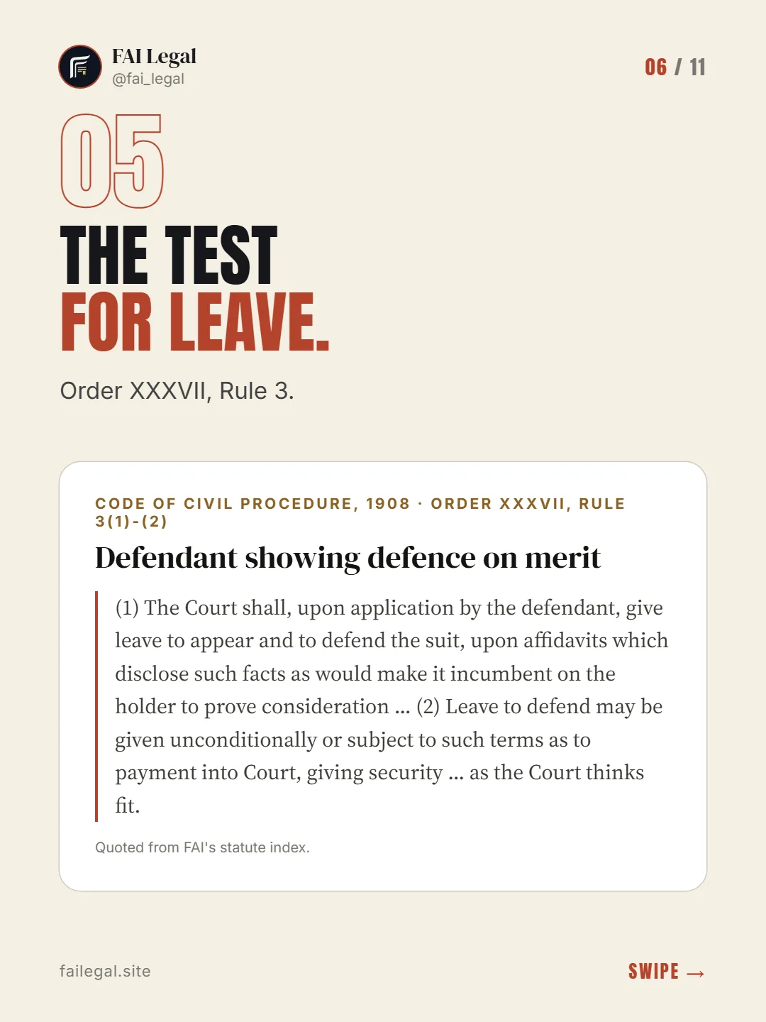 The test for leave. · Order XXXVII, Rule 3. · Code of Civil Procedure, 1908 · Order XXXVII, Rule 3(1)-(2)