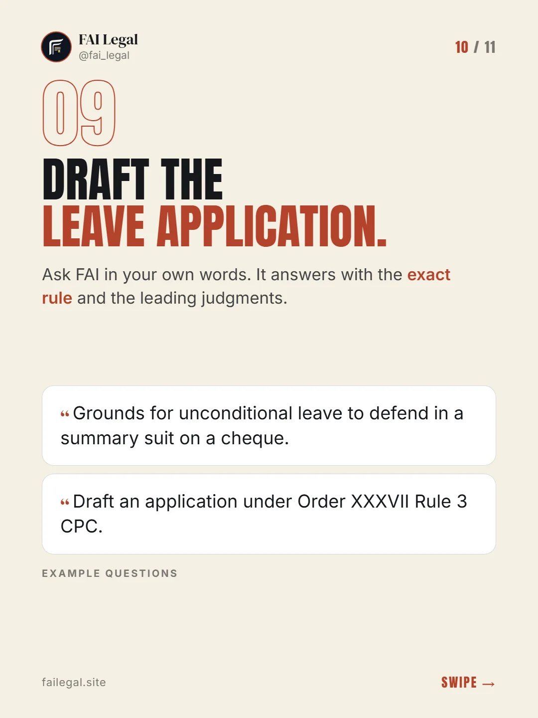 Draft the leave application. · Ask FAI in your own words. It answers with the exact rule and the leading judgments. · Grounds for unconditional leave to defend in a summary suit on a cheque. · Draft an application under Order XXXVII Rule 3 CPC.