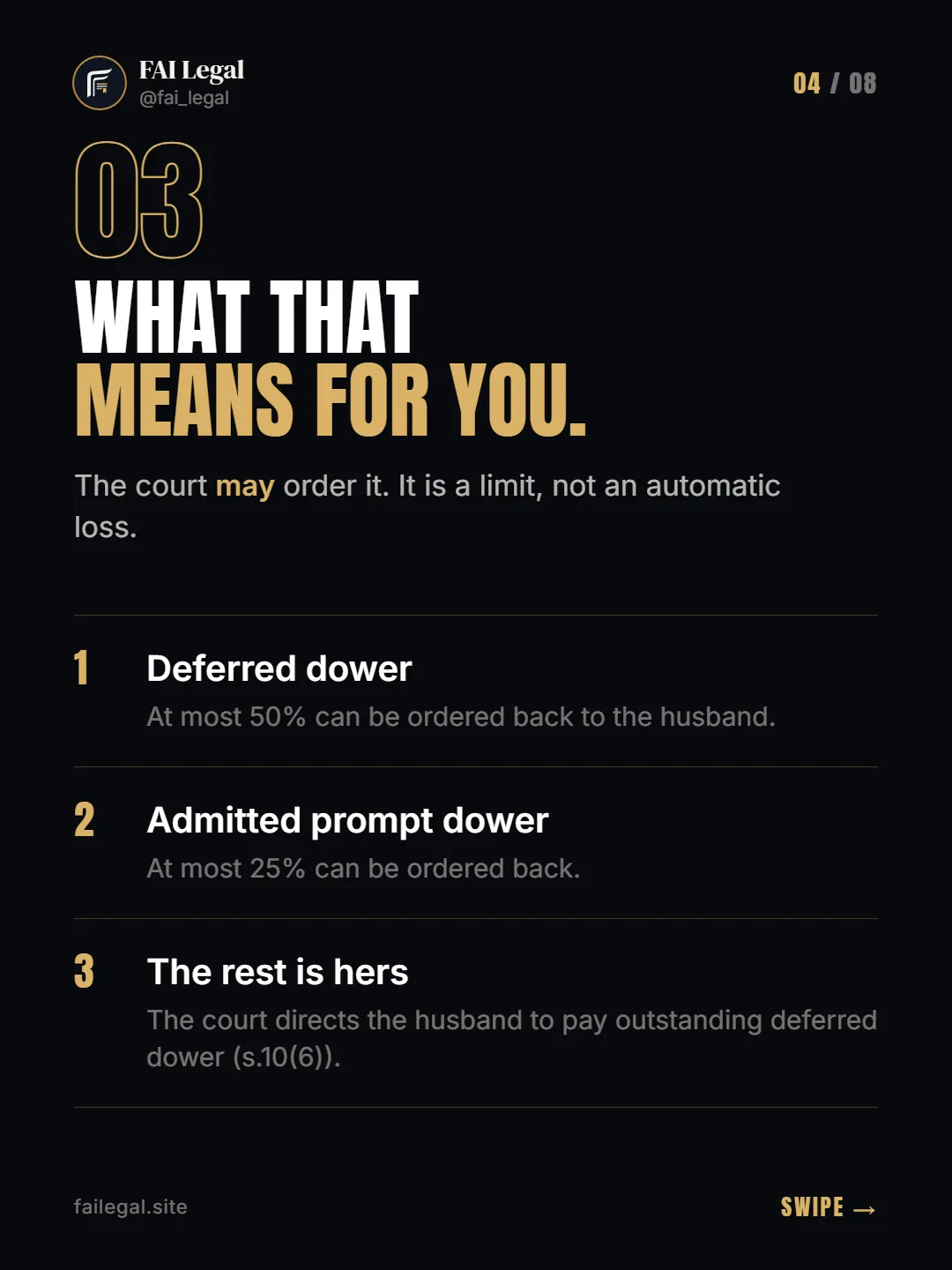 What that means for you. · The court may order it. It is a limit, not an automatic loss. · Deferred dower · Admitted prompt dower · The rest is hers