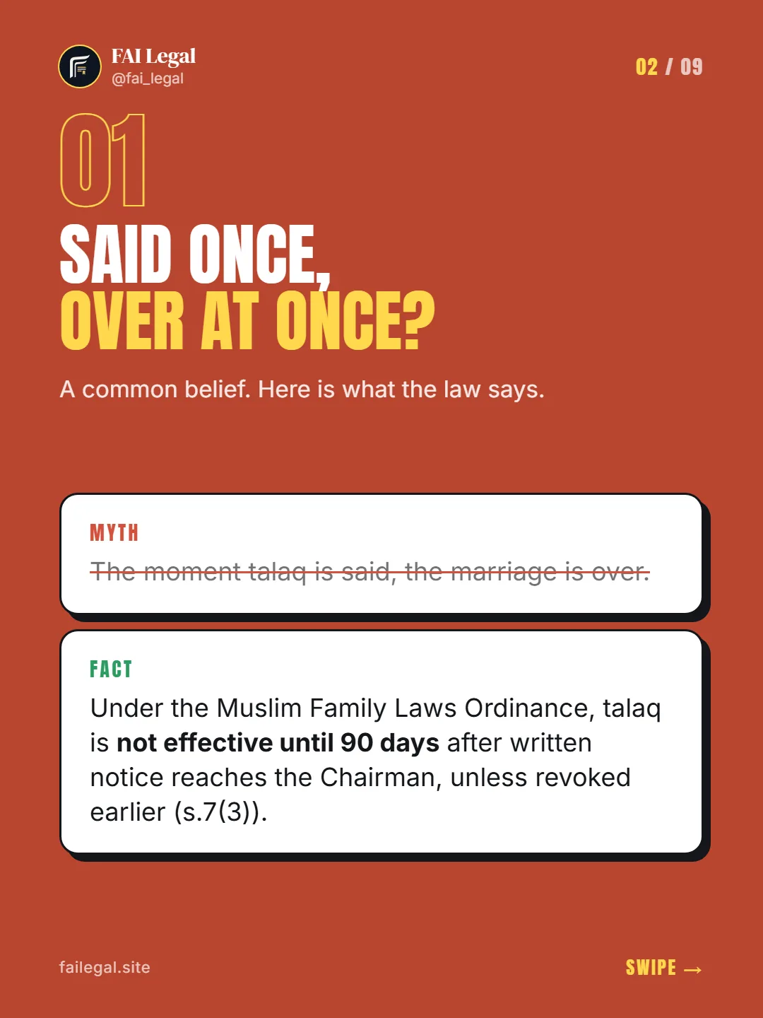 Said once, over at once? · A common belief. Here is what the law says. · Myth: The moment talaq is said, the marriage is over. · Fact: Under the Muslim Family Laws Ordinance, talaq is not effective until 90 days after written notice reaches the Chairman, unless revoked earlier (s.7(3)).