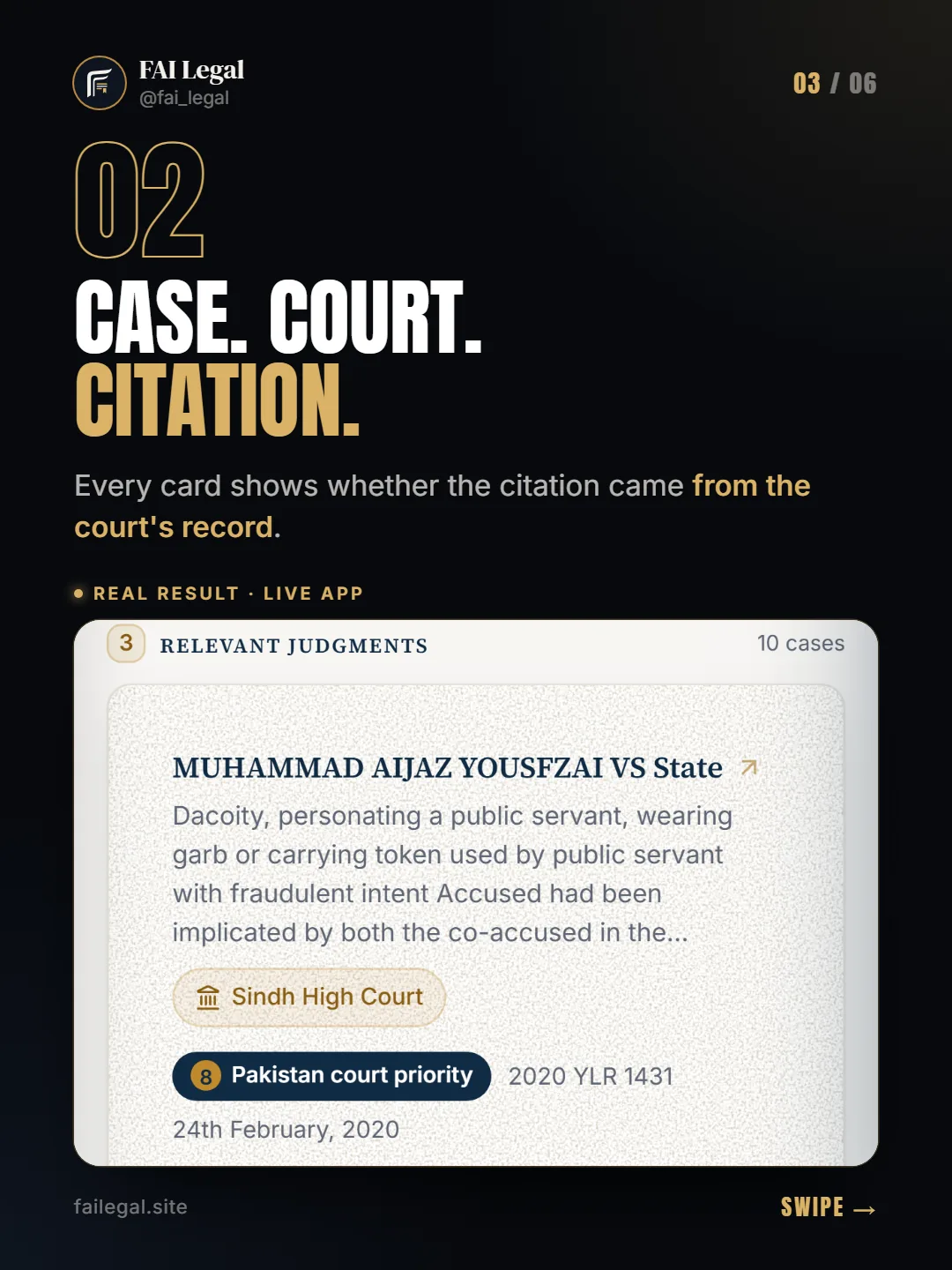 Case. Court. Citation. · Every card shows whether the citation came from the court's record.