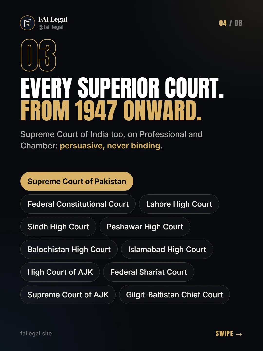 Every superior court. From 1947 onward. · Supreme Court of India too, on Professional and Chamber: persuasive, never binding. · Supreme Court of Pakistan · Federal Constitutional Court · Lahore High Court · Sindh High Court · Peshawar High Court · Balochistan High Court · Islamabad High Court · High Court of AJK · Federal Shariat Court · Supreme Court of AJK · Gilgit-Baltistan Chief Court