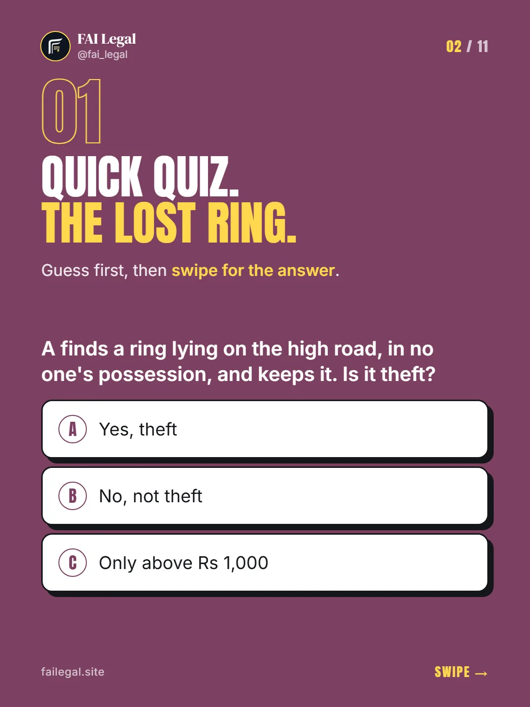 Quick quiz. The lost ring. · Guess first, then swipe for the answer. · A. Yes, theft · B. No, not theft · C. Only above Rs 1,000