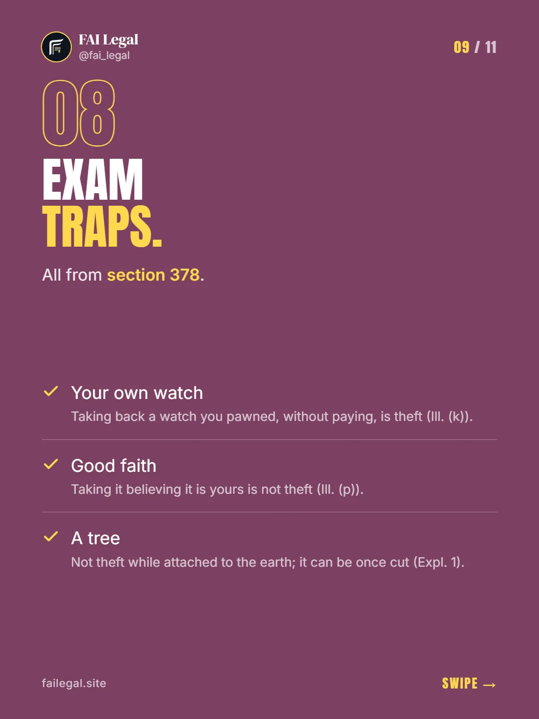 Exam traps. · All from section 378. · Your own watch · Good faith · A tree