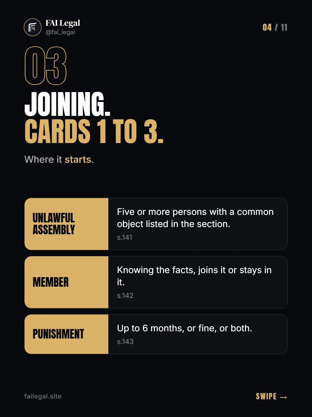 Joining. Cards 1 to 3. · Where it starts. · Unlawful assembly · Member · Punishment