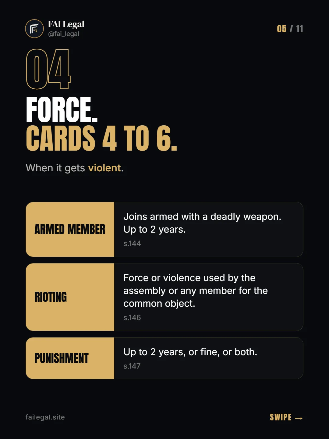 Force. Cards 4 to 6. · When it gets violent. · Armed member · Rioting · Punishment