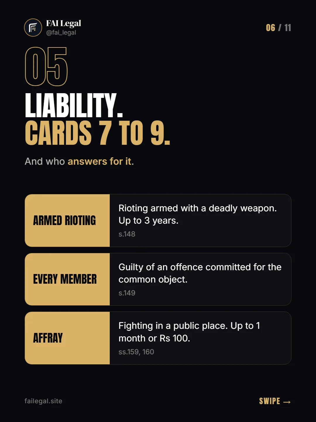 Liability. Cards 7 to 9. · And who answers for it. · Armed rioting · Every member · Affray