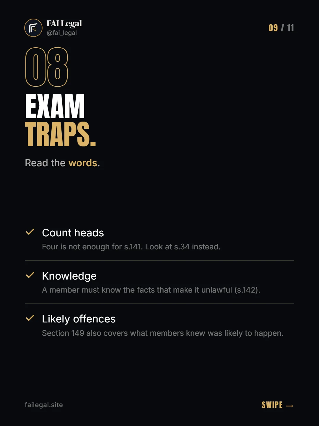 Exam traps. · Read the words. · Count heads · Knowledge · Likely offences