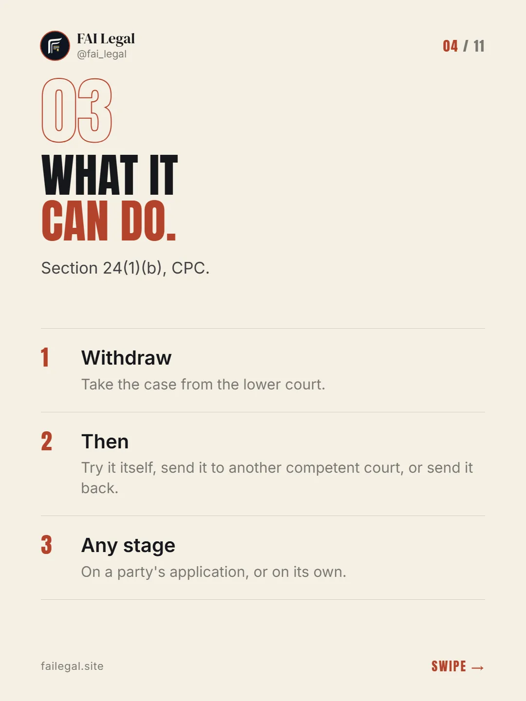 What it can do. · Section 24(1)(b), CPC. · Withdraw · Then · Any stage