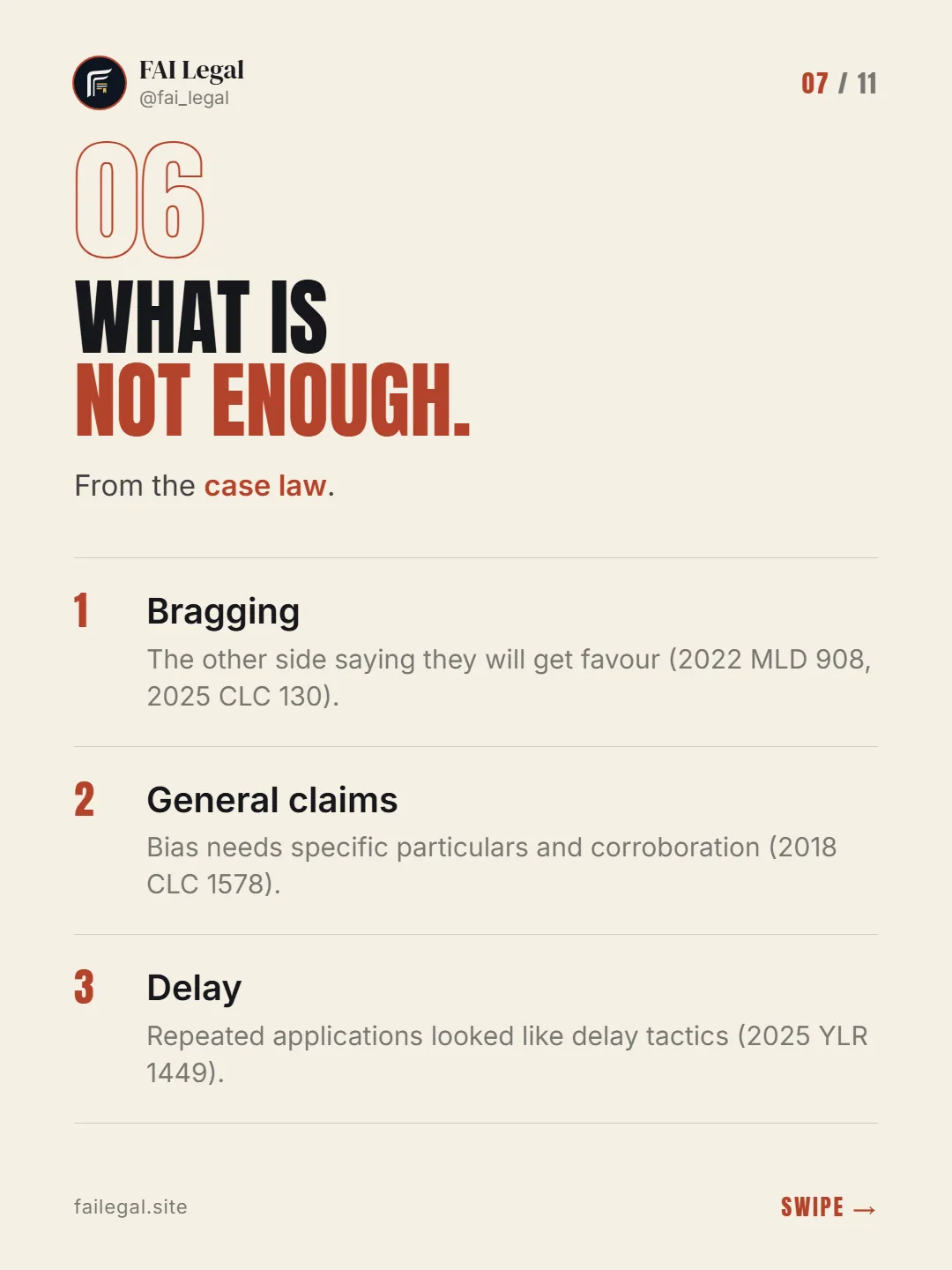 What is not enough. · From the case law. · Bragging · General claims · Delay